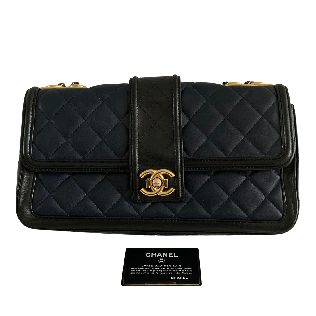 Chanel Quilted Lambskin Medium Elegant CC Flap Navy Black