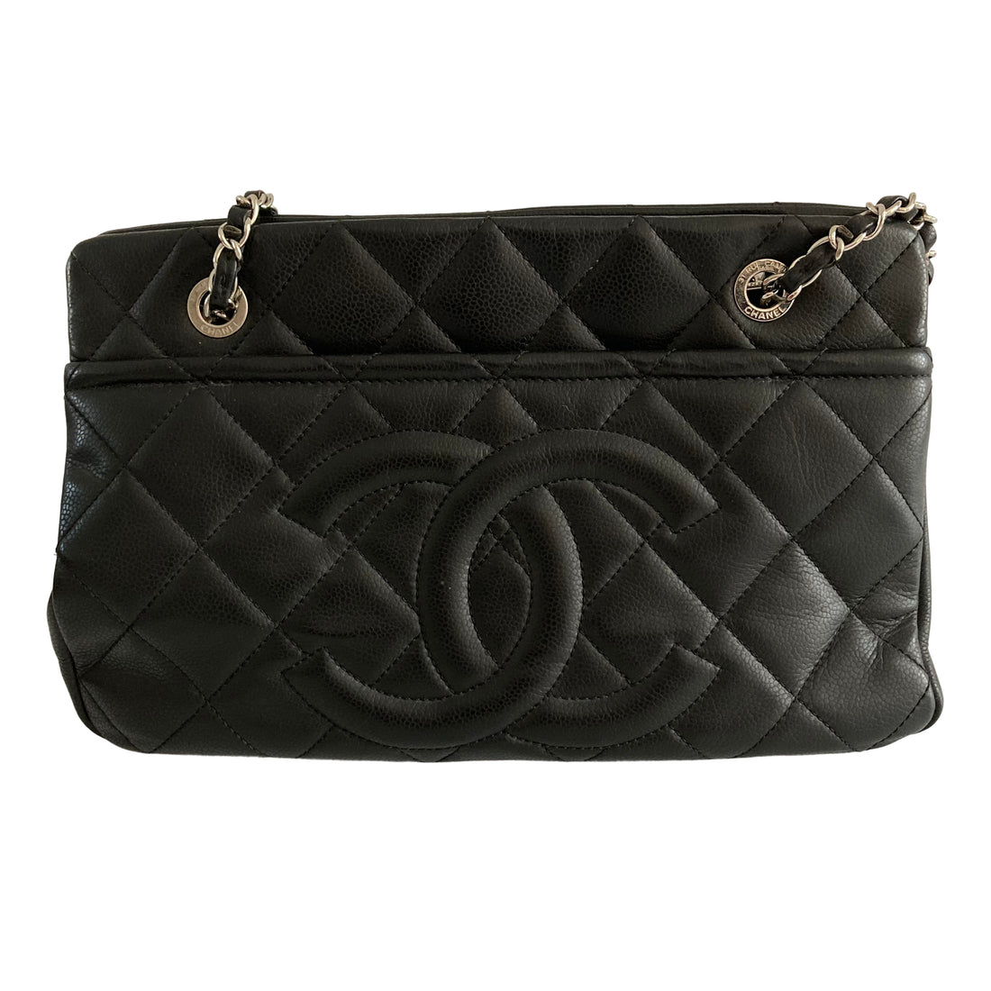 Chanel Grained Calfskin Quilted Timeless CC Soft Tote Black on Silver