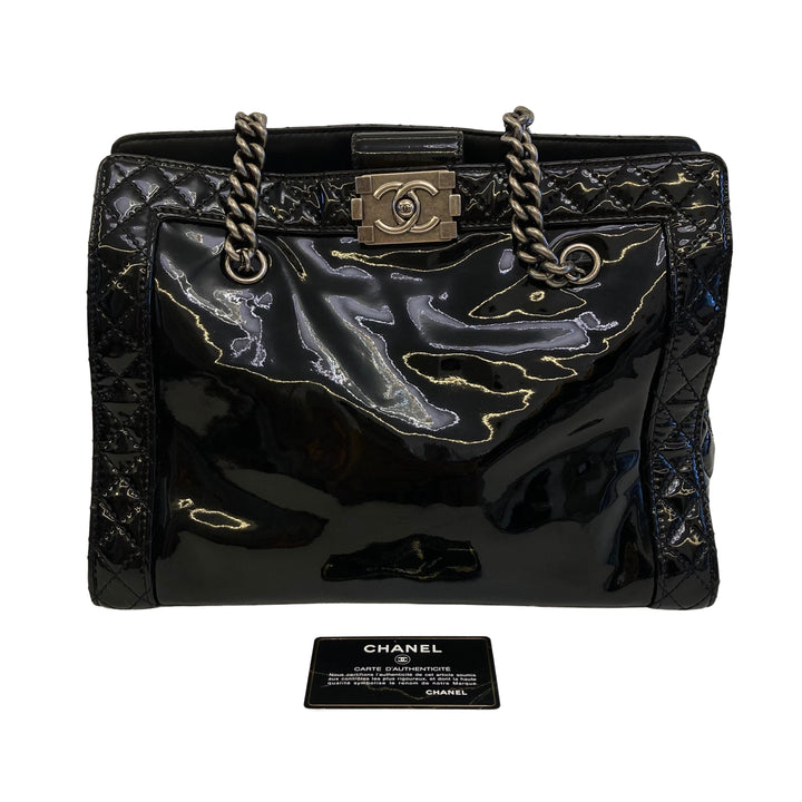Chanel Patent Quilted Reverso Boy Tote Black