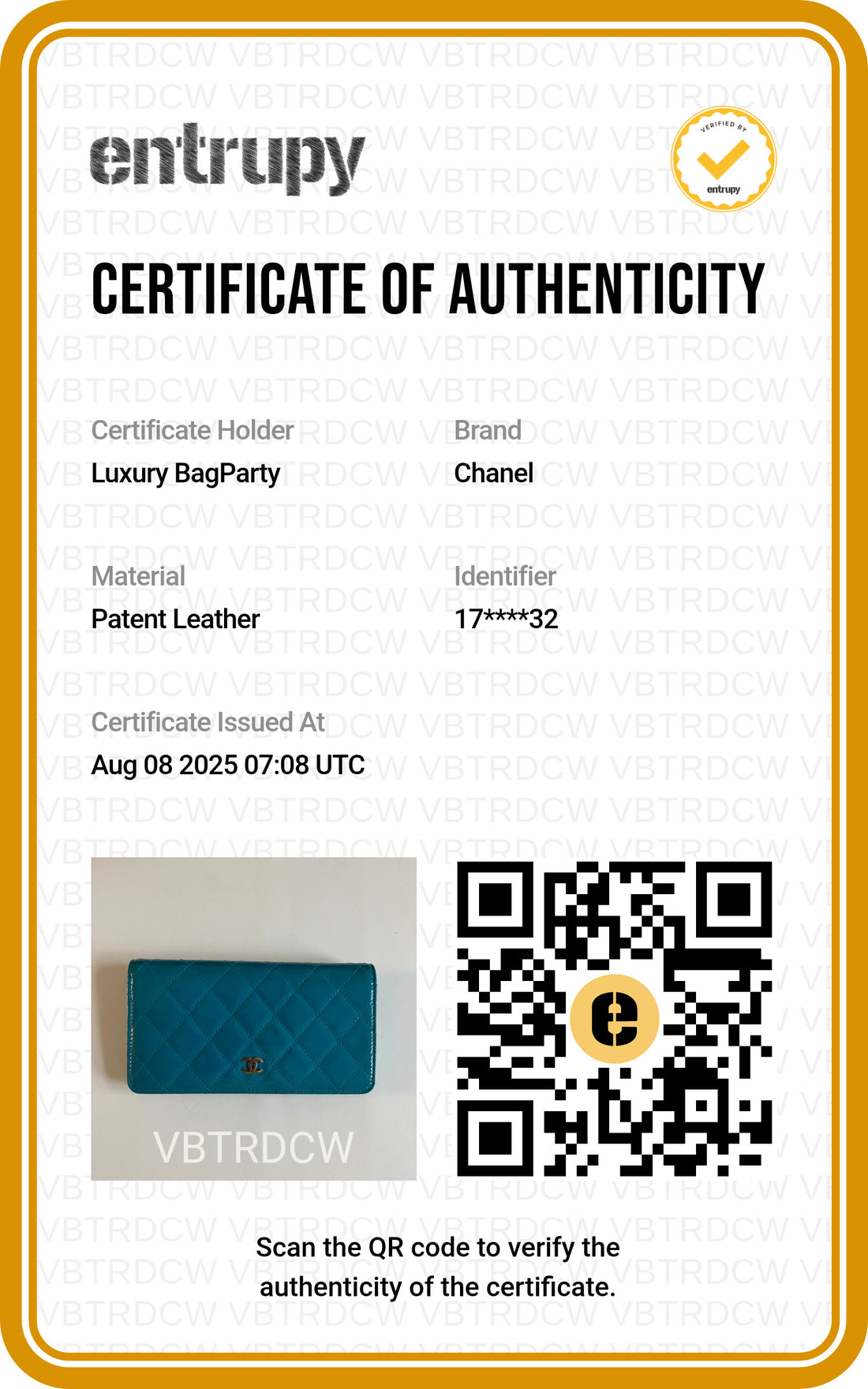 Chanel Quilted Patent Bifold Wallet Teal (17 series) CC301