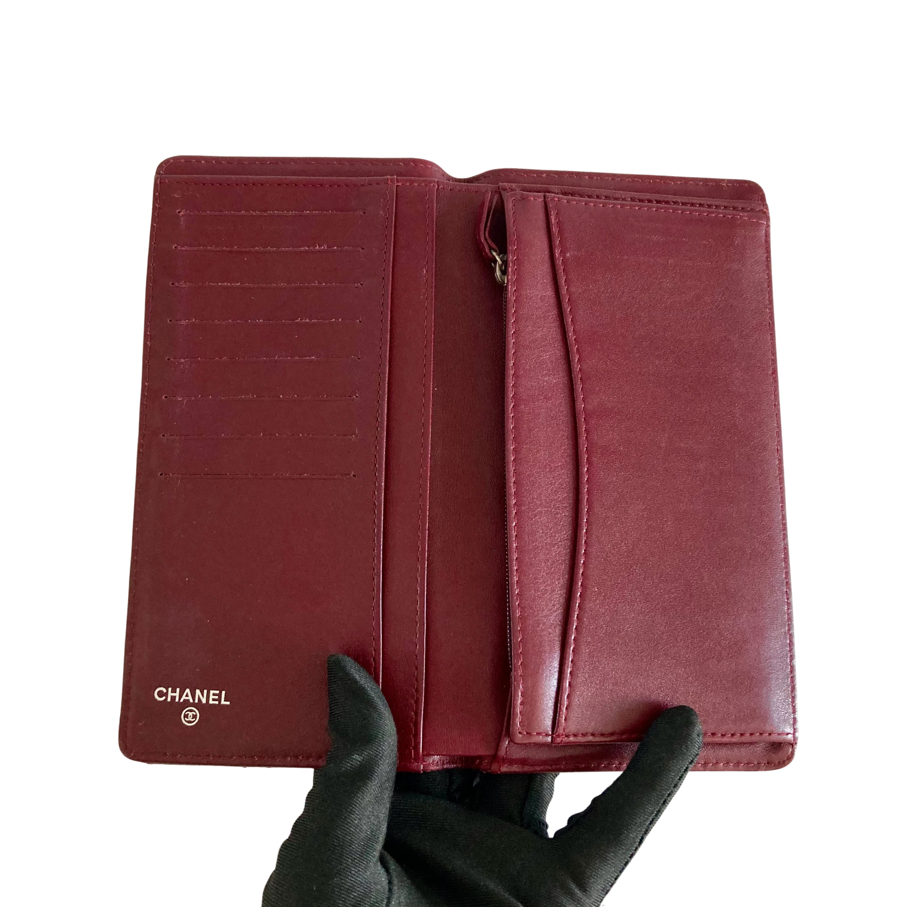 Chanel Patent Calfskin Quilted Yen Wallet Burgundy (15****74)