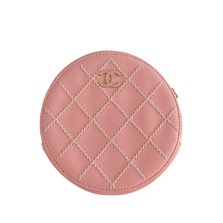 Chanel Lambskin Stitch Round Clutch With Chain Pink