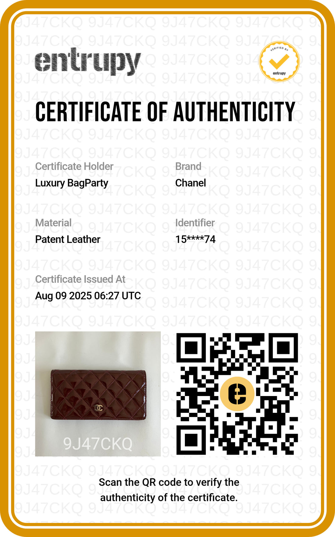 Chanel Patent Calfskin Quilted Yen Wallet Burgundy (15****74)