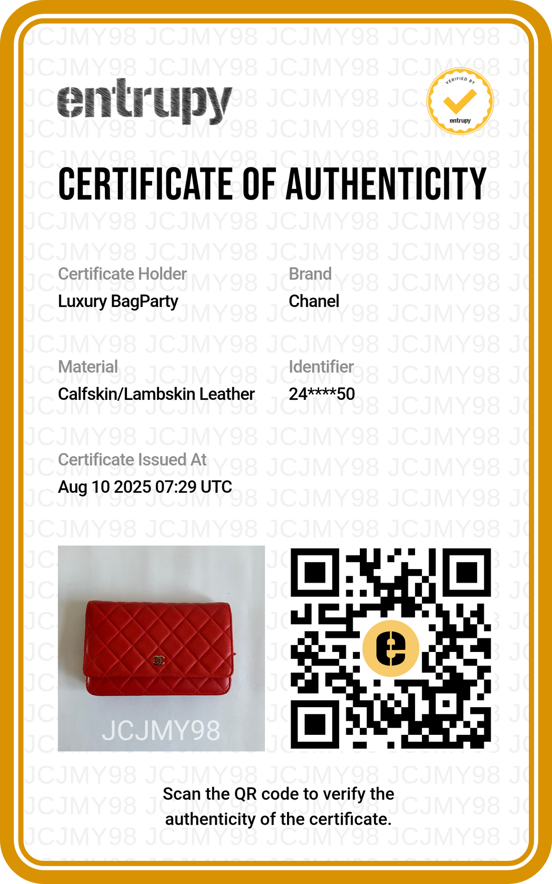 Chanel Lambskin Quilted Wallet On Chain Red GHW (24***50)
