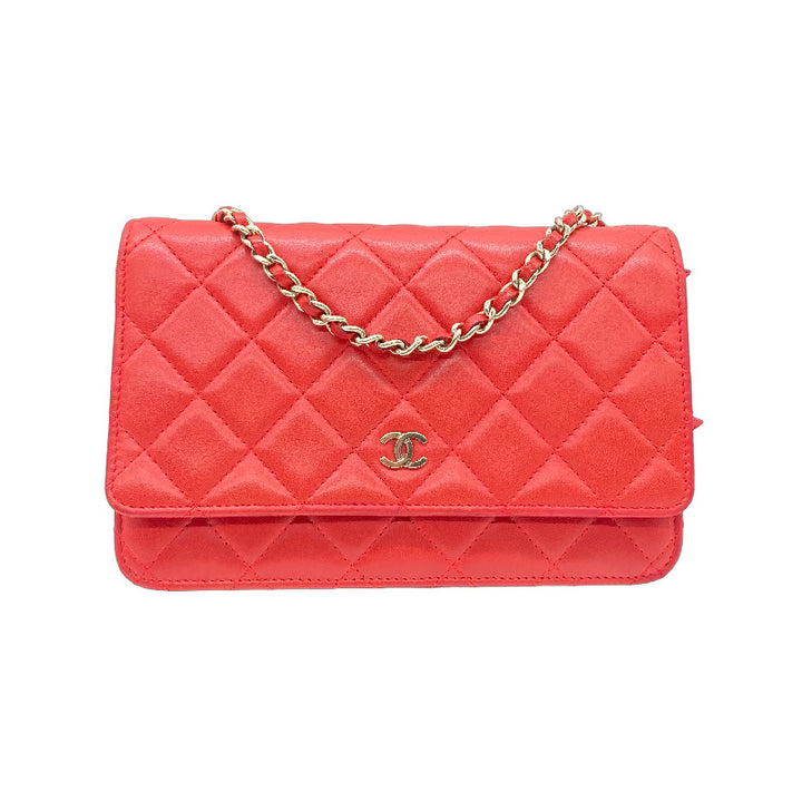Chanel Lambskin Quilted Wallet On Chain Red GHW (24***50)