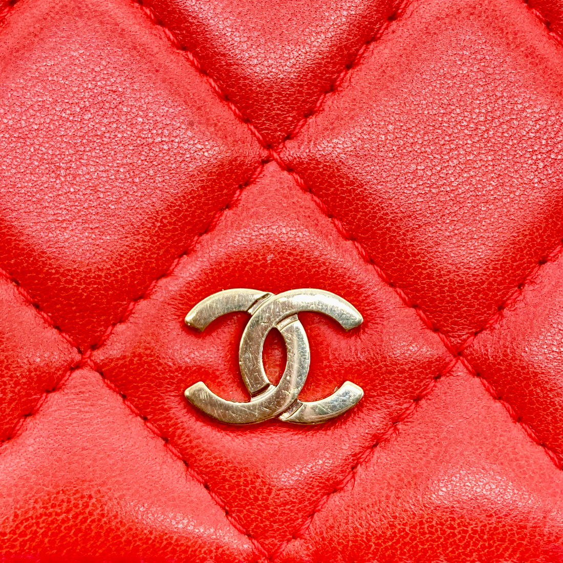 Chanel Lambskin Quilted Wallet On Chain Red GHW (24***50)