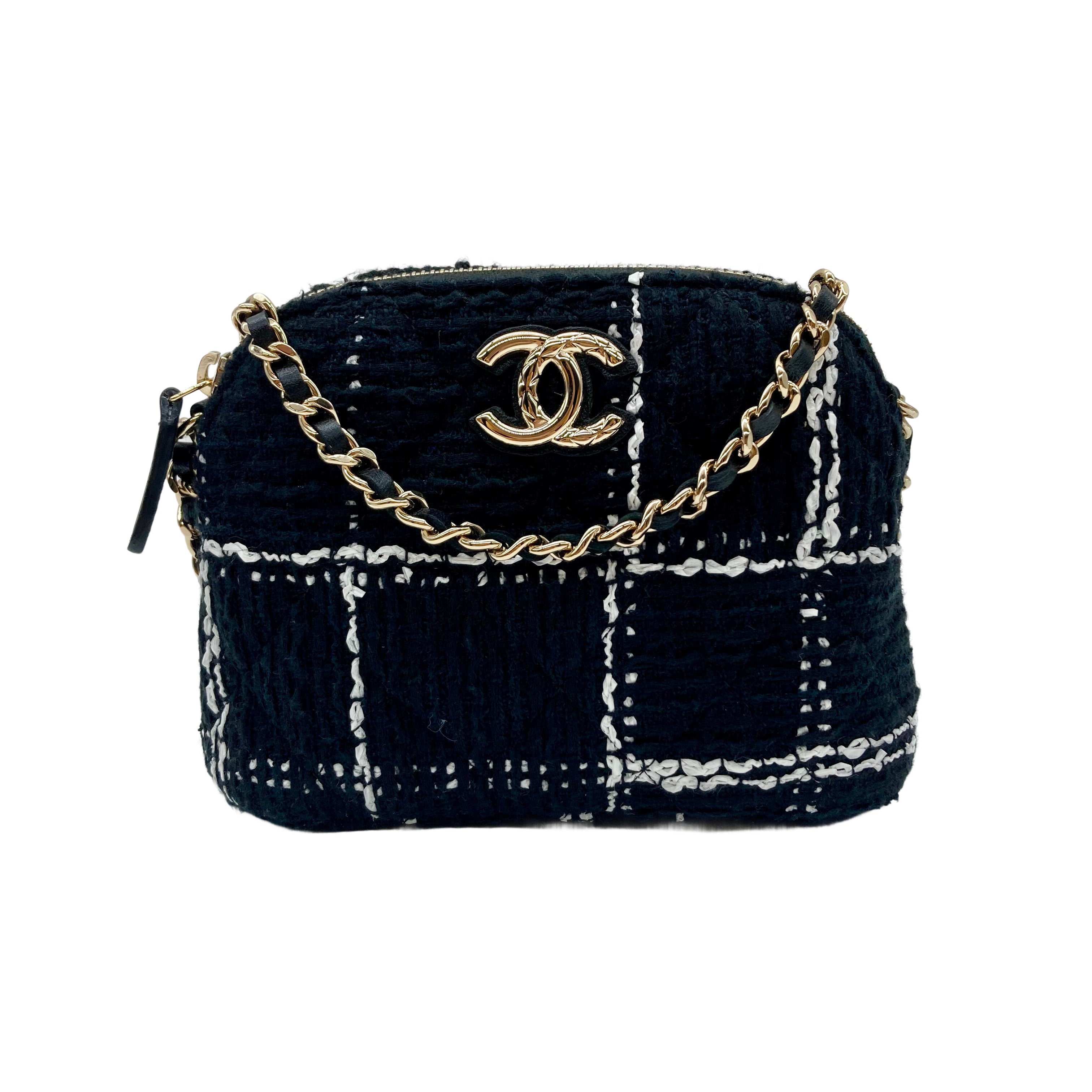 Chanel Tweed Quilted Mini Clutch With Chain Black White