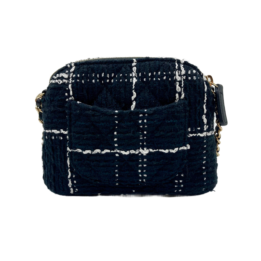 Chanel Tweed Quilted Mini Clutch With Chain Black White