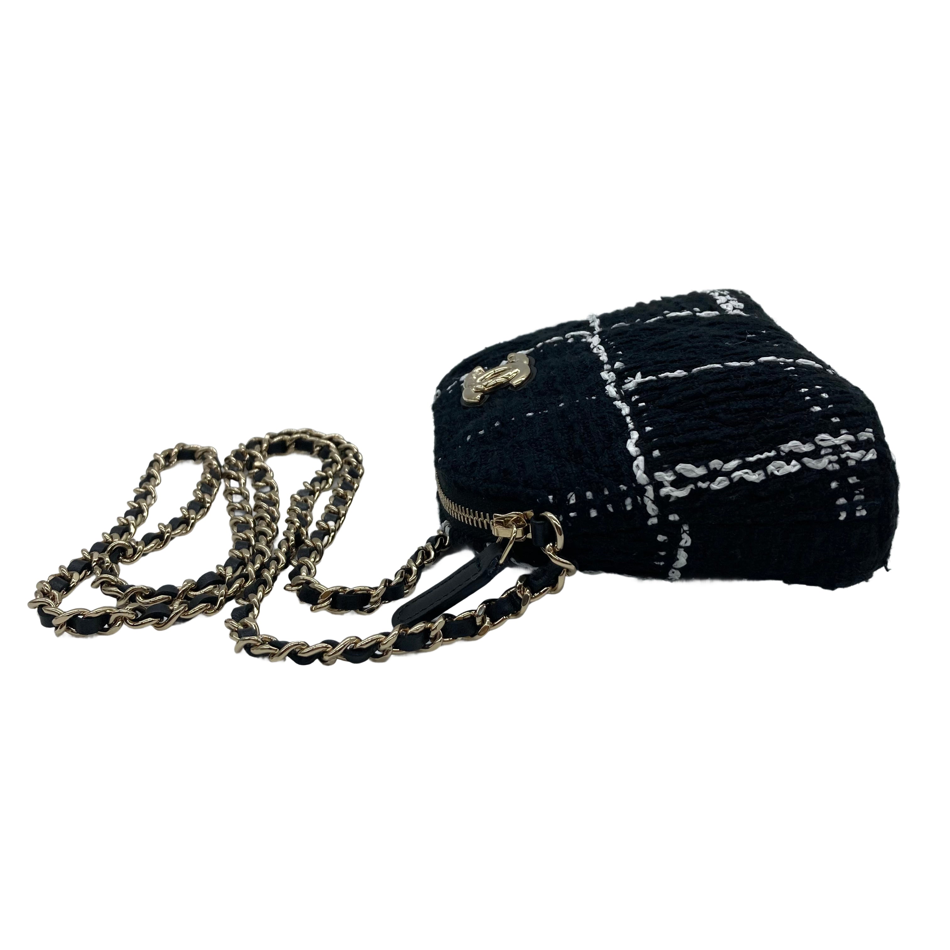 Chanel Tweed Quilted Mini Clutch With Chain Black White