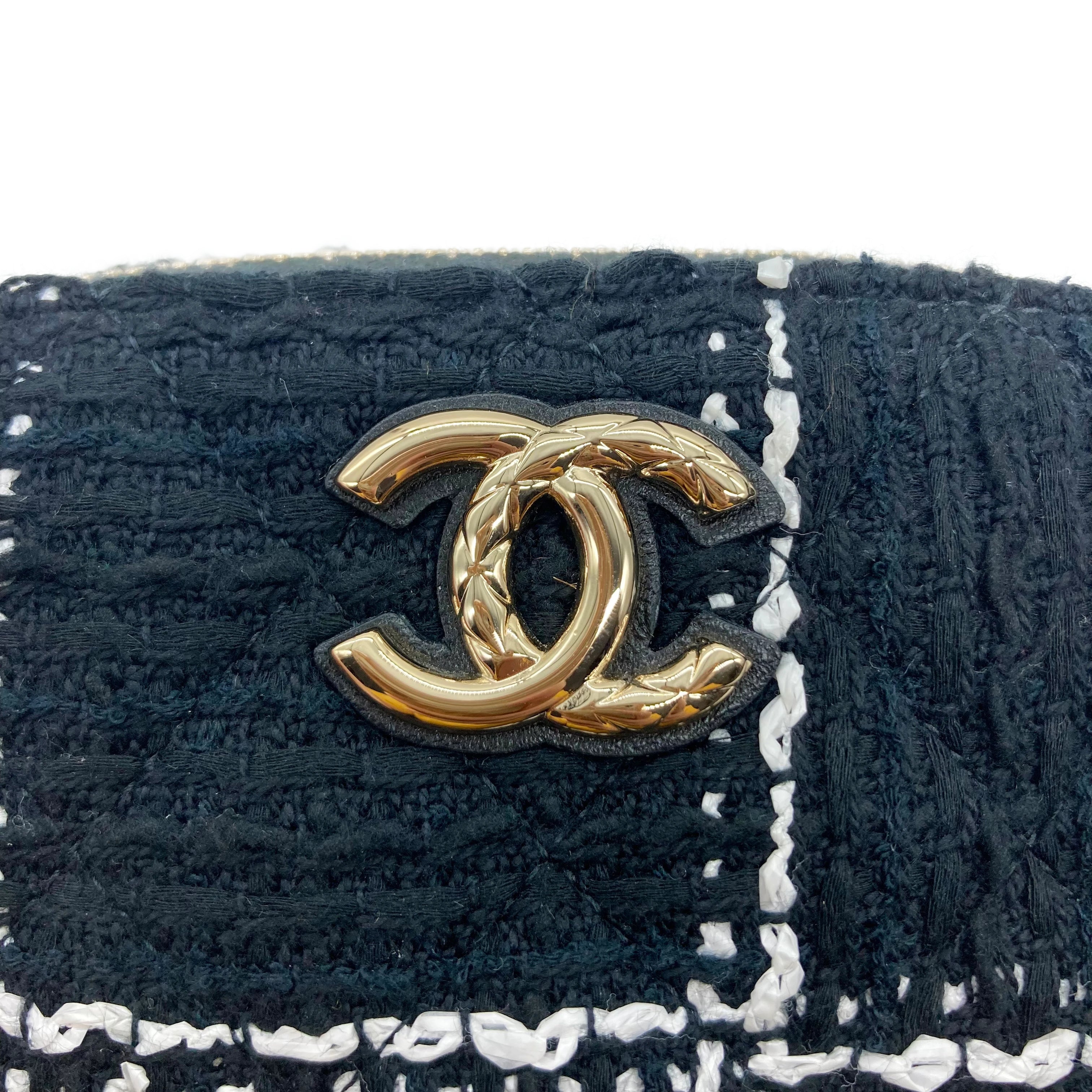 Chanel Tweed Quilted Mini Clutch With Chain Black White