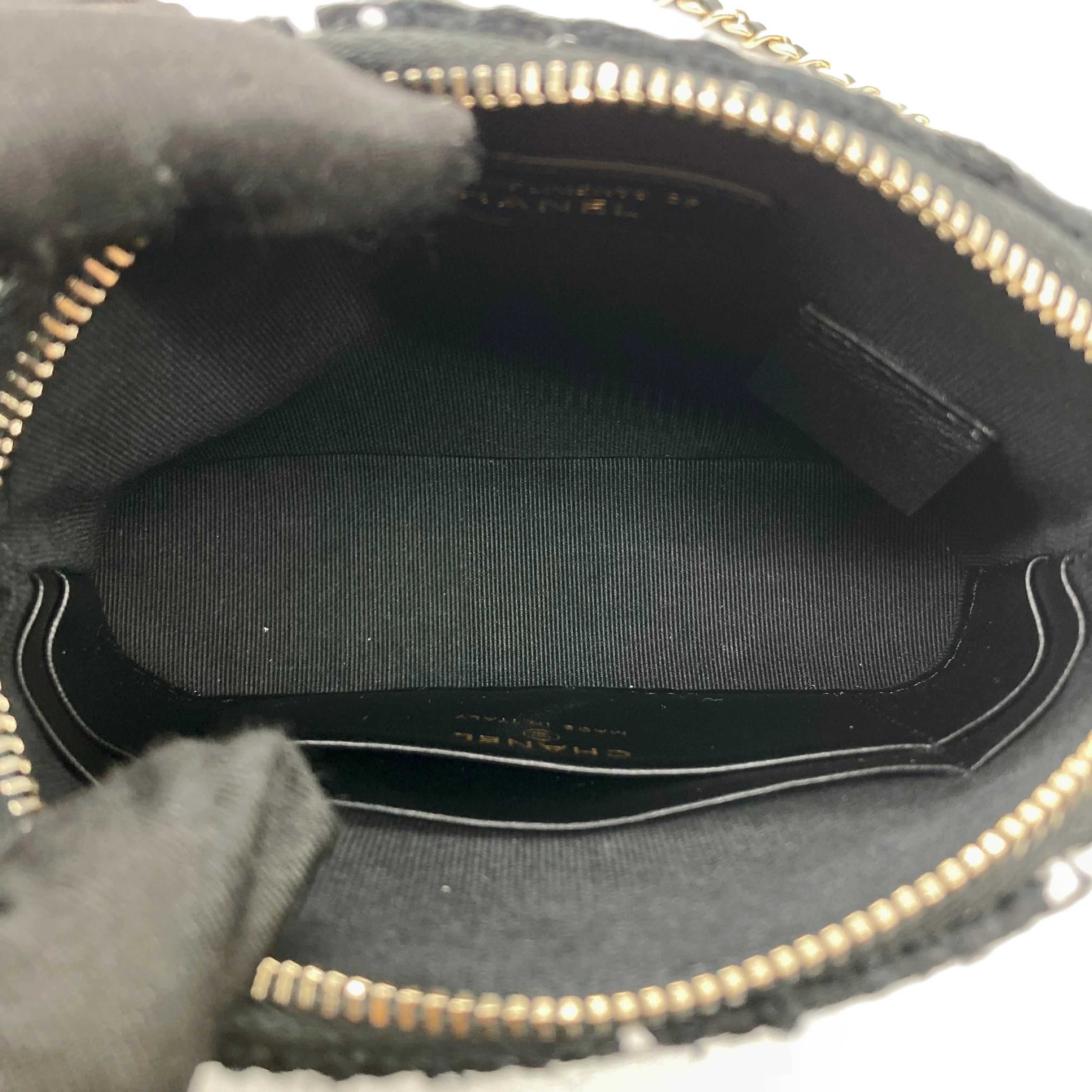 Chanel Tweed Quilted Mini Clutch With Chain Black White