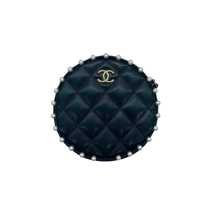 Chanel Quilted Lambskin Pearl Round Bag Black LV404