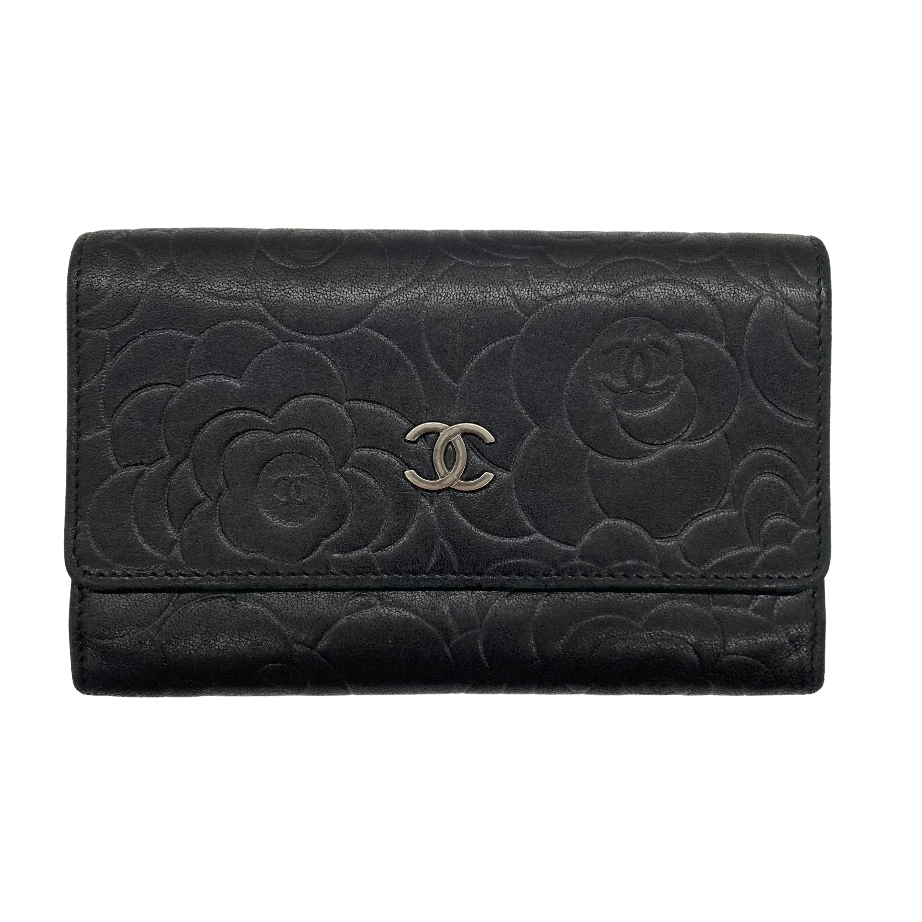 Chanel Lambskin Camellia Embossed Wallet Black