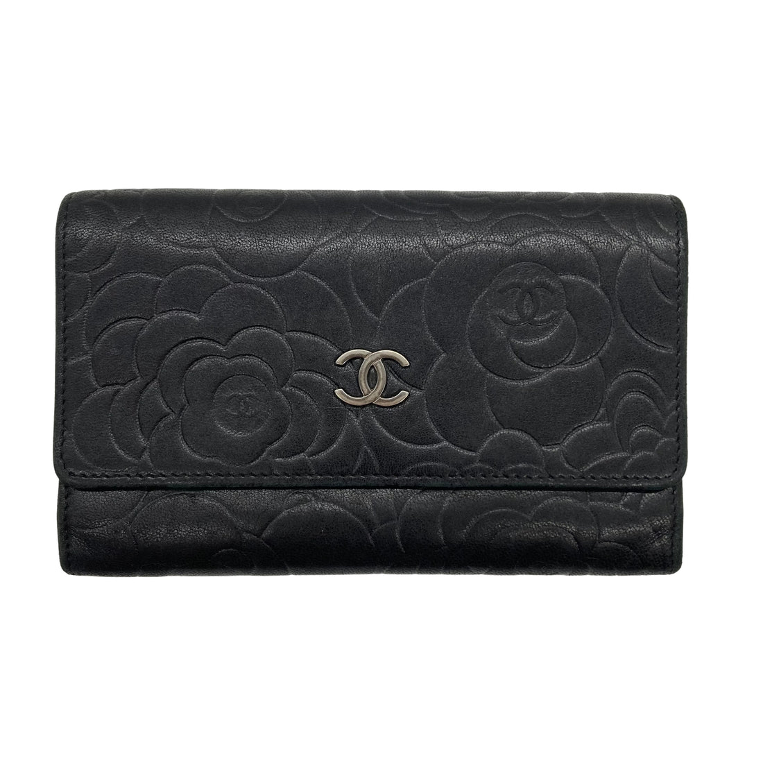 Chanel Lambskin Camellia Embossed Wallet Black