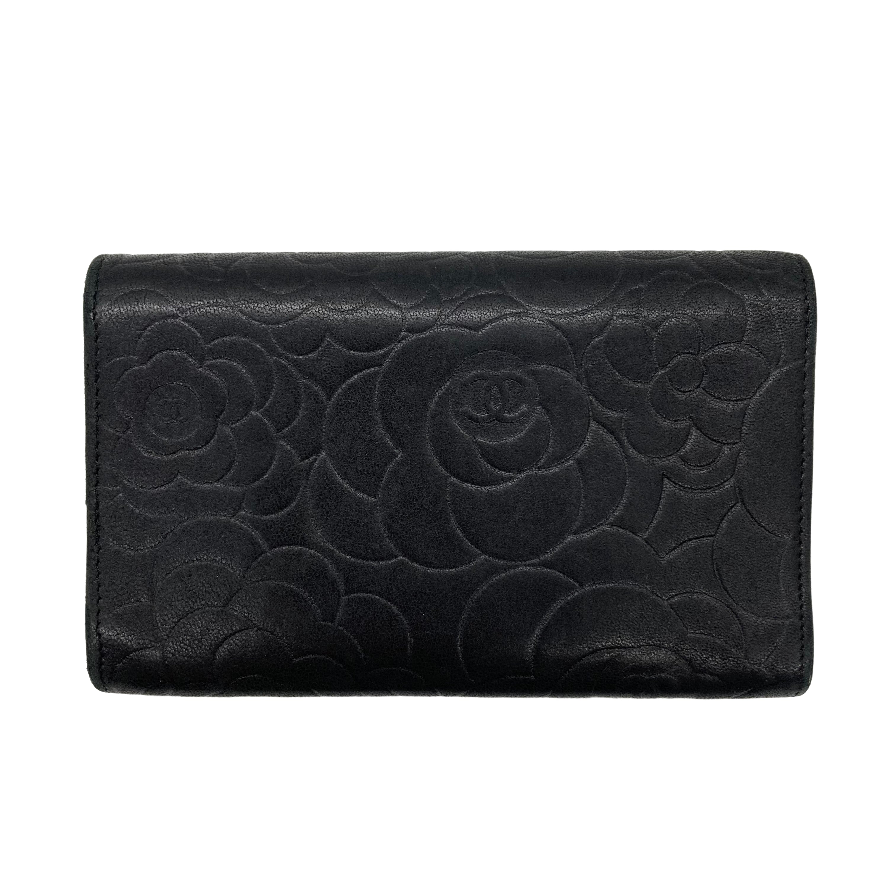 Chanel Lambskin Camellia Embossed Wallet Black