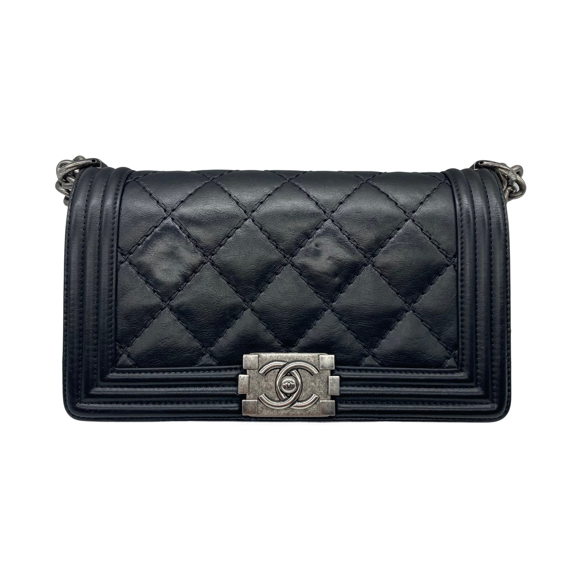 Chanel Calfskin Quilted Double Stitch Medium Boy Flap Black SHW CC453