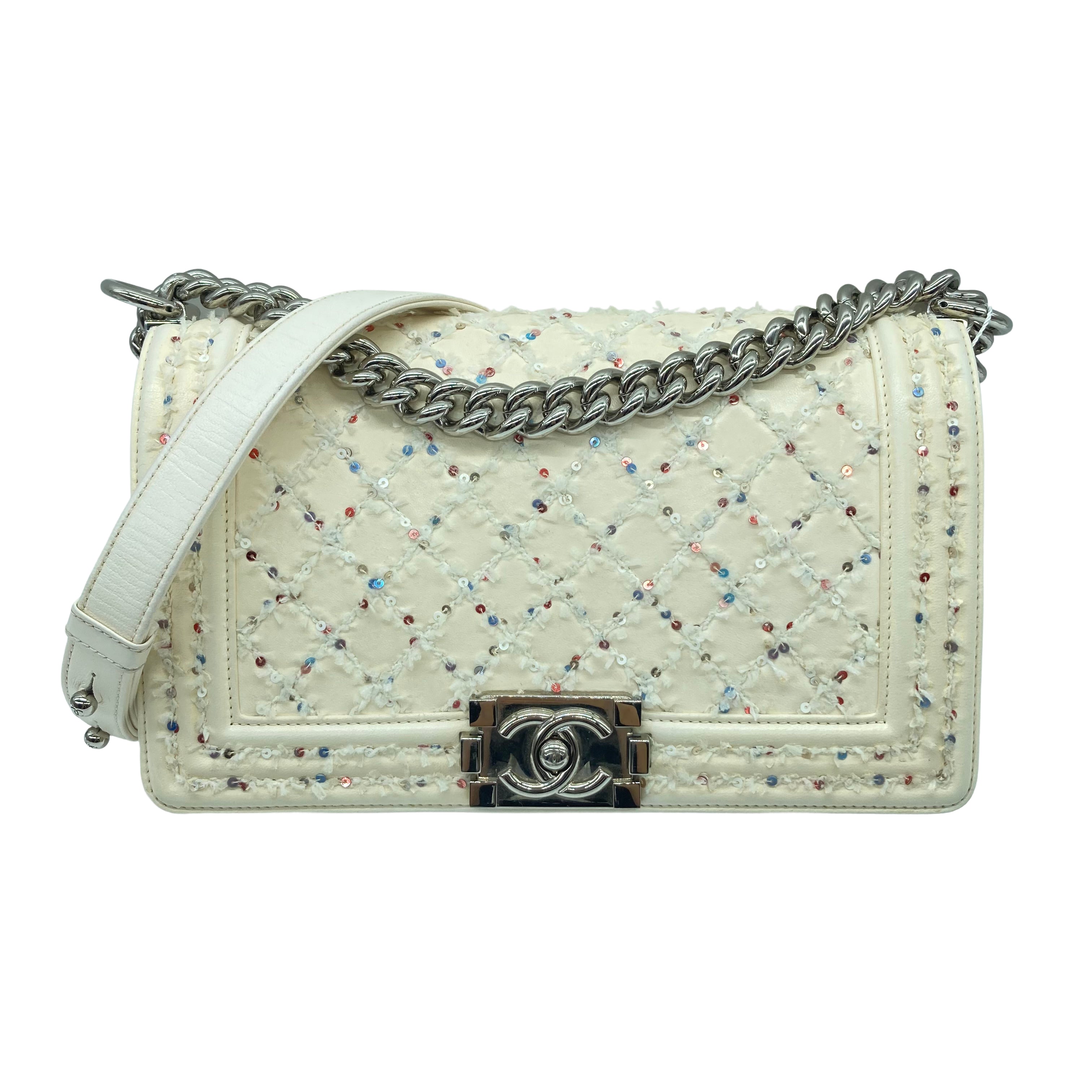 Chanel Sequins Embroidered Medium Boy White (24***85)CC455