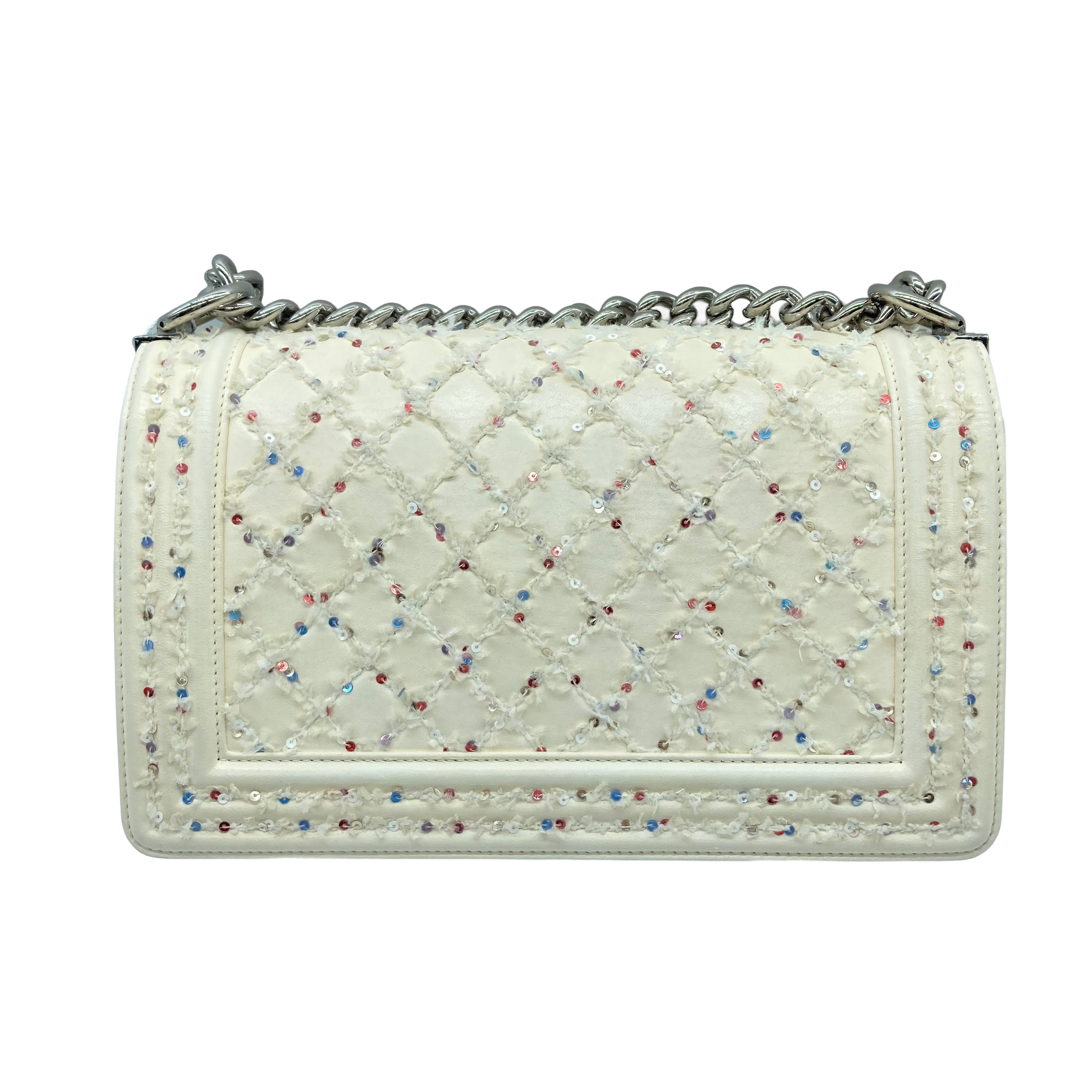 Chanel Sequins Embroidered Medium Boy White (24***85)CC455