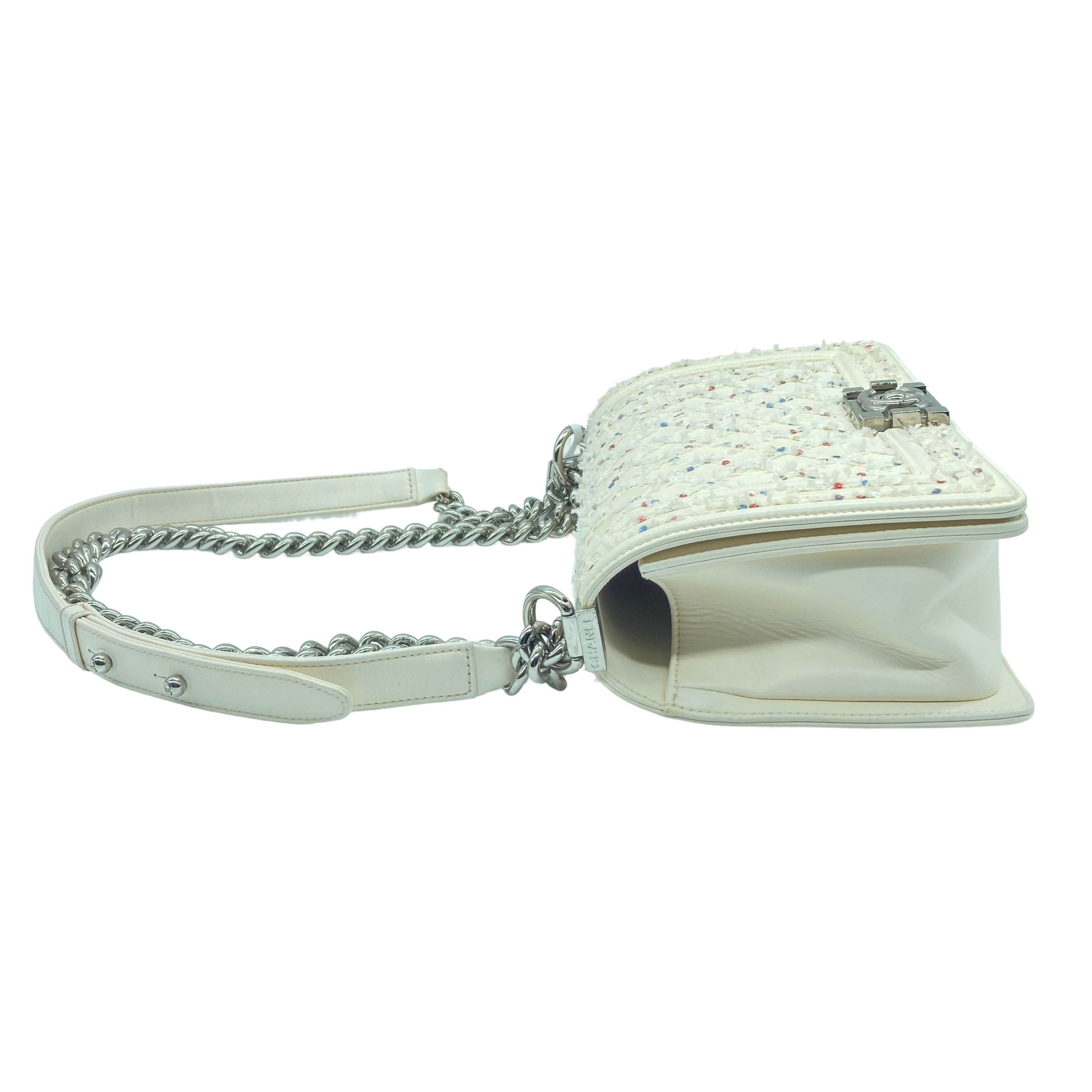 Chanel Sequins Embroidered Medium Boy White (24***85)CC455