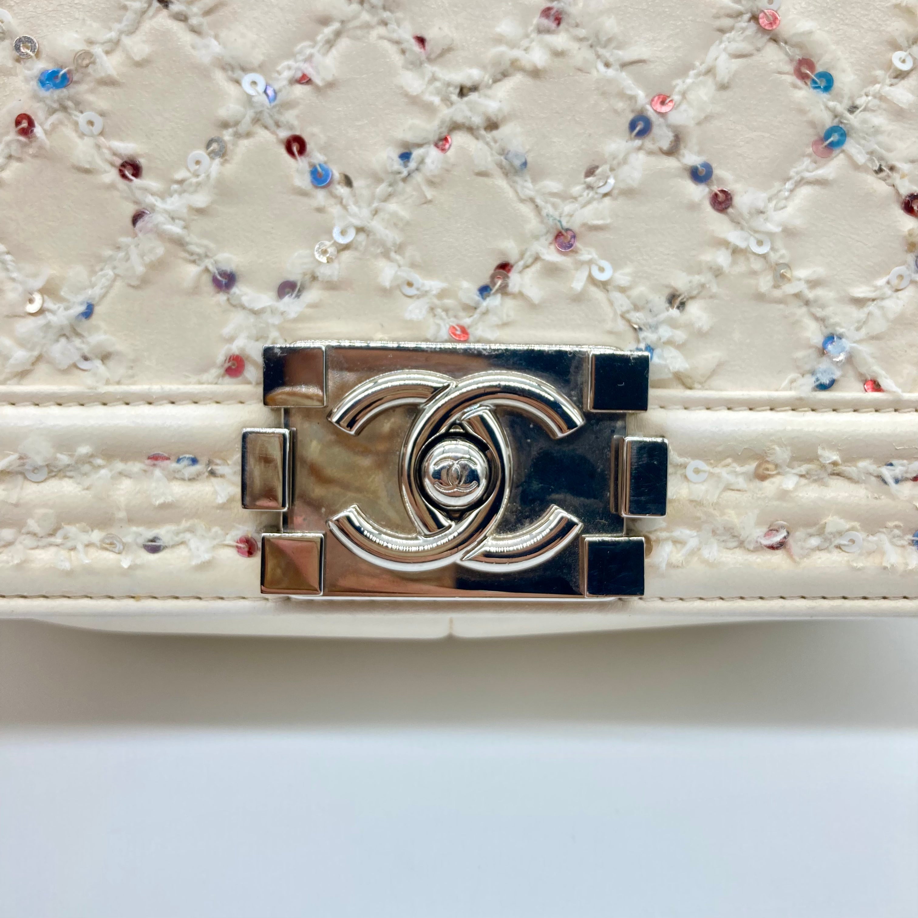 Chanel Sequins Embroidered Medium Boy White (24***85)CC455