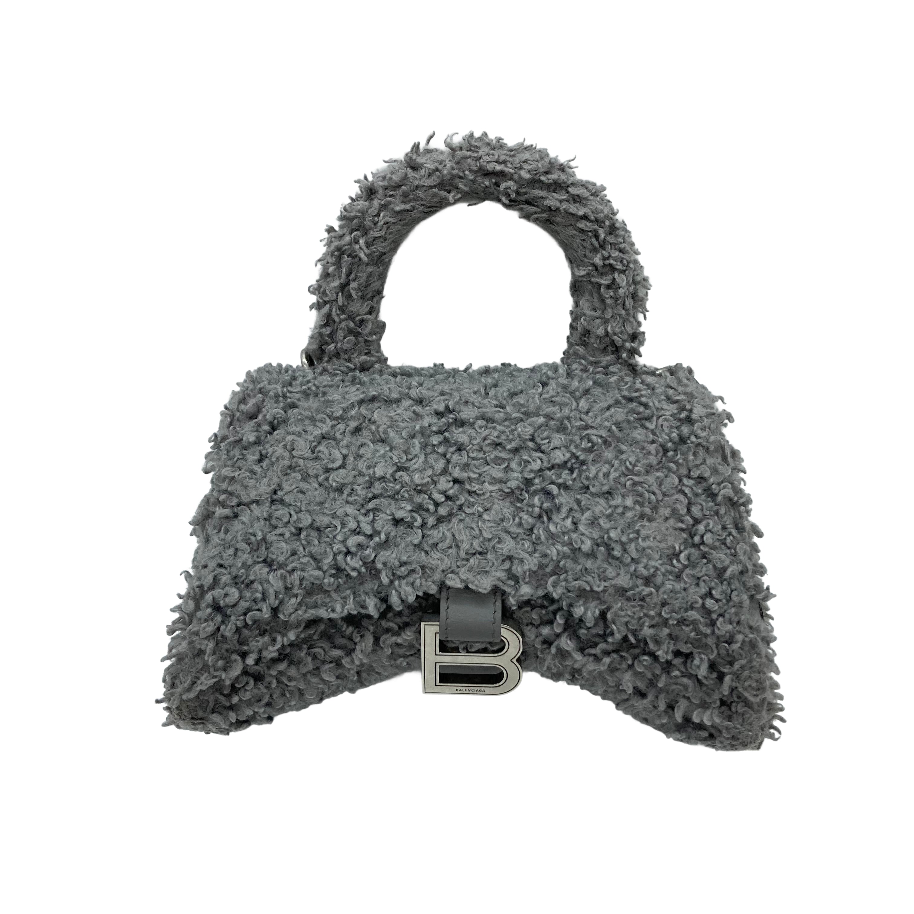 Balenciaga Hourglass Faux Fur Shoulder Bag Grey BB25