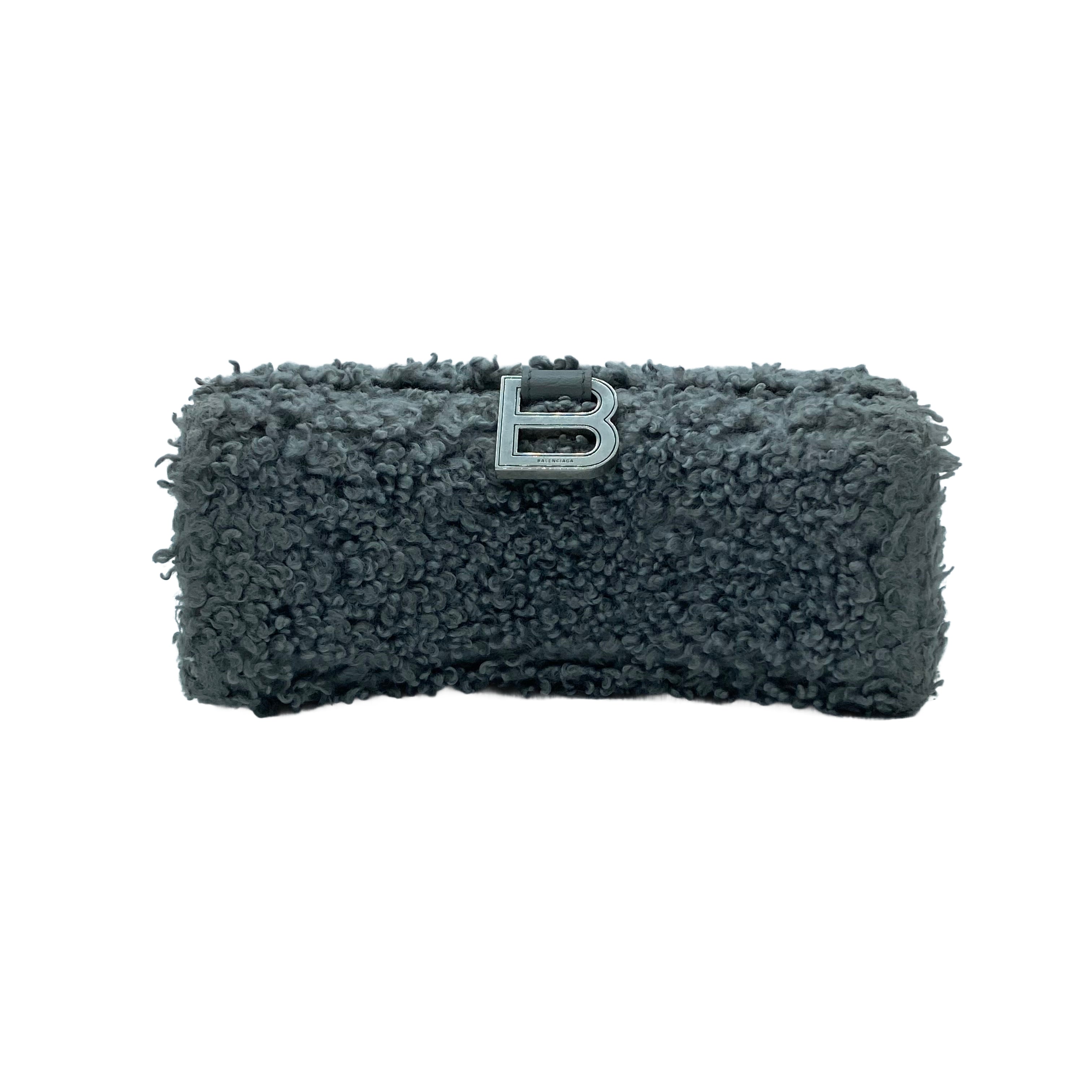 Balenciaga Hourglass Faux Fur Shoulder Bag Grey BB25
