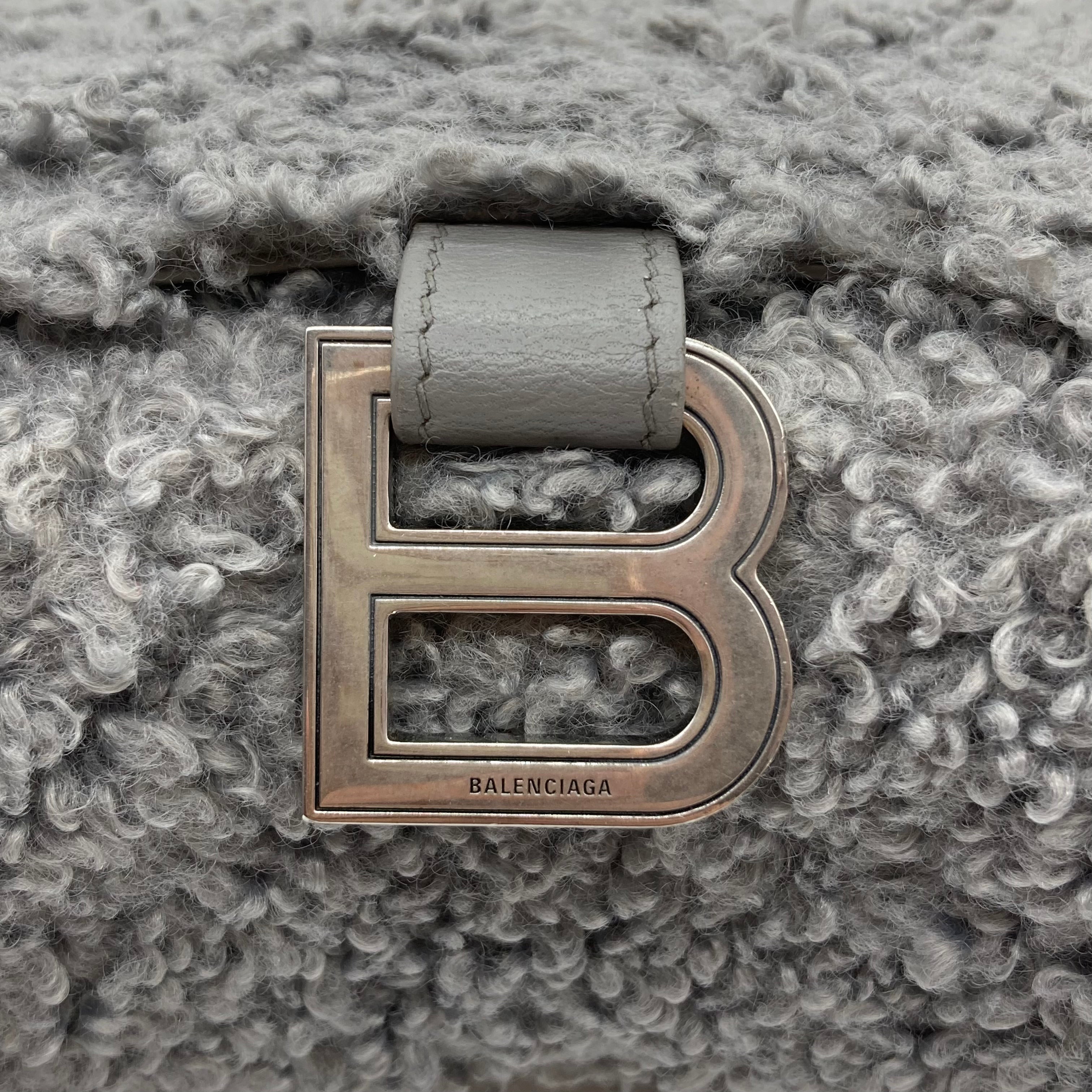 Balenciaga Hourglass Faux Fur Shoulder Bag Grey BB25