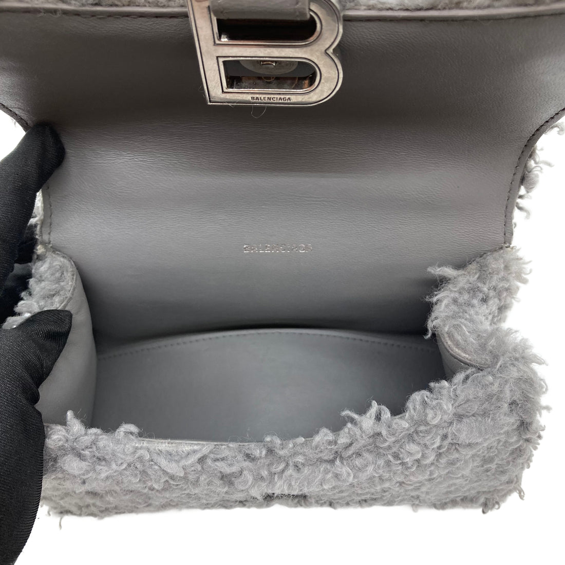 Balenciaga Hourglass Faux Fur Shoulder Bag Grey BB25