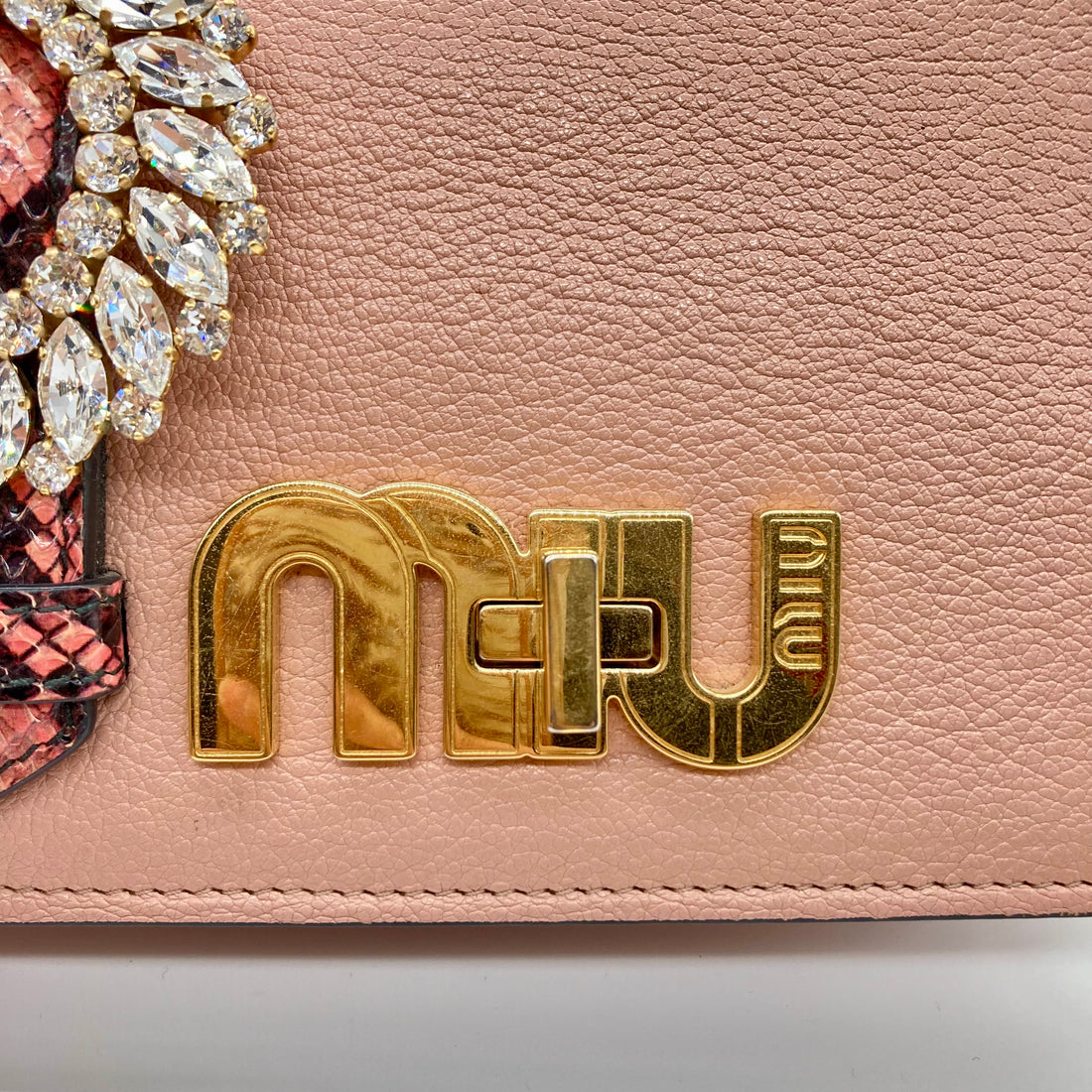 Miu Miu Peach Leather Crystal Buckle Flap Shoulder Bag MM11