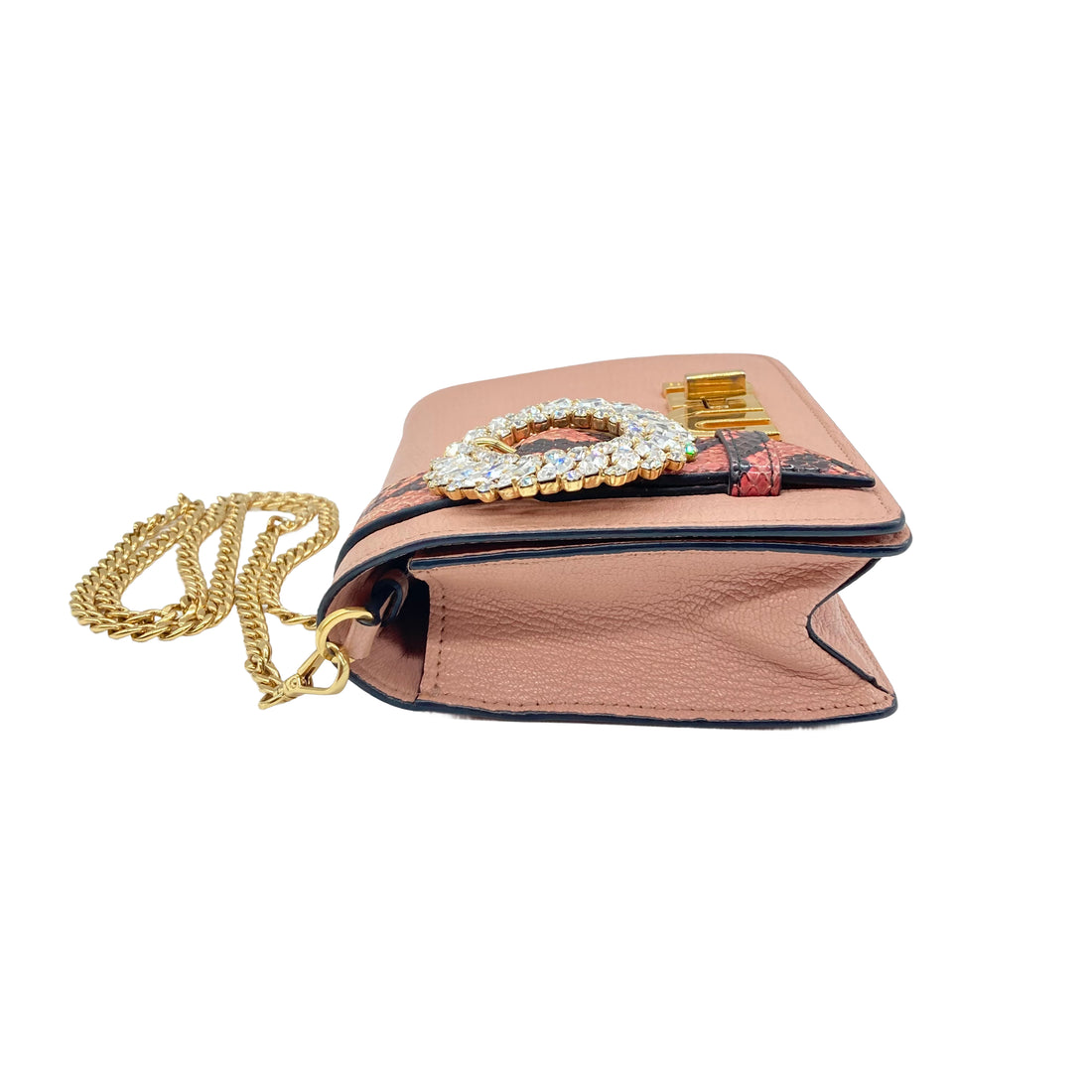 Miu Miu Peach Leather Crystal Buckle Flap Shoulder Bag MM11