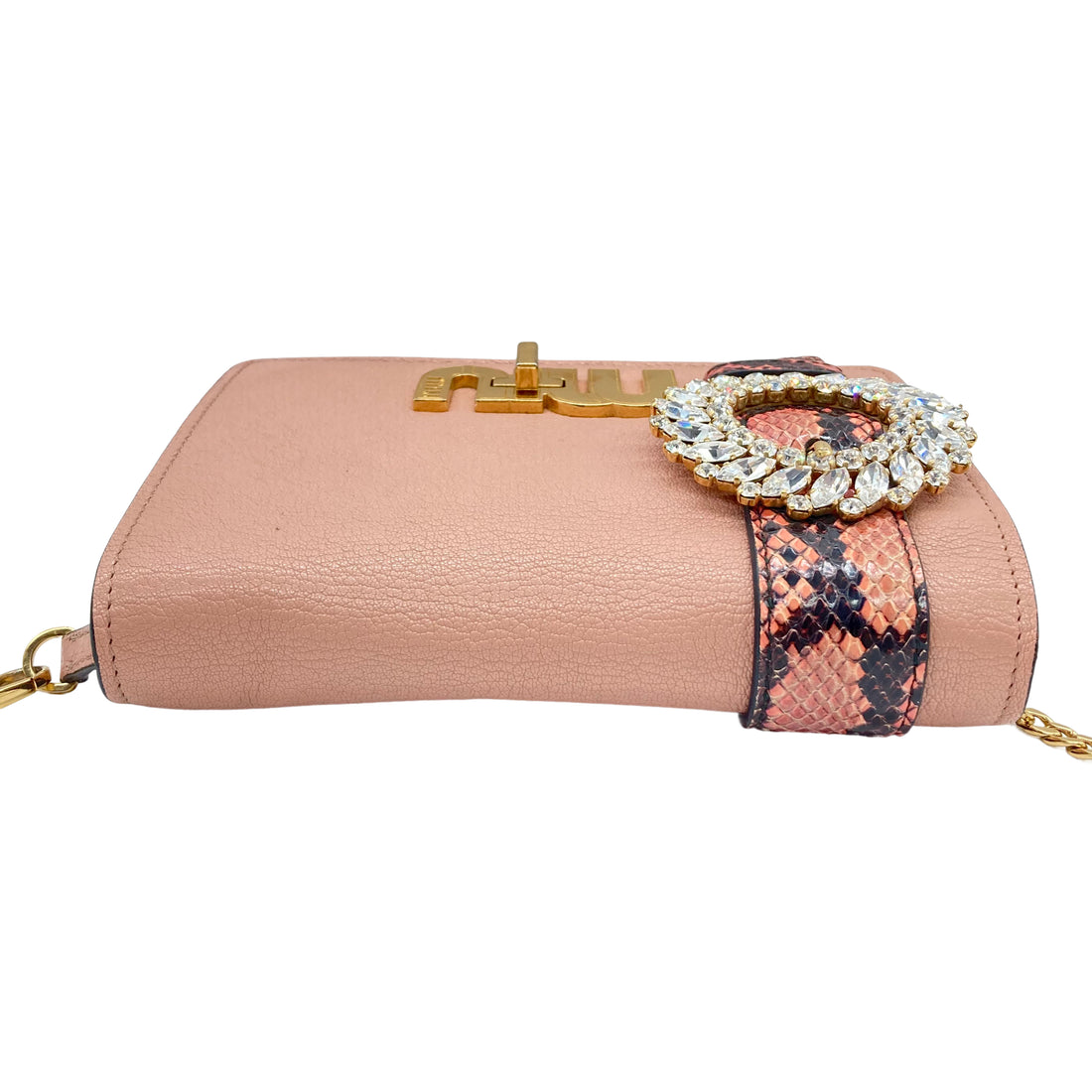 Miu Miu Peach Leather Crystal Buckle Flap Shoulder Bag MM11