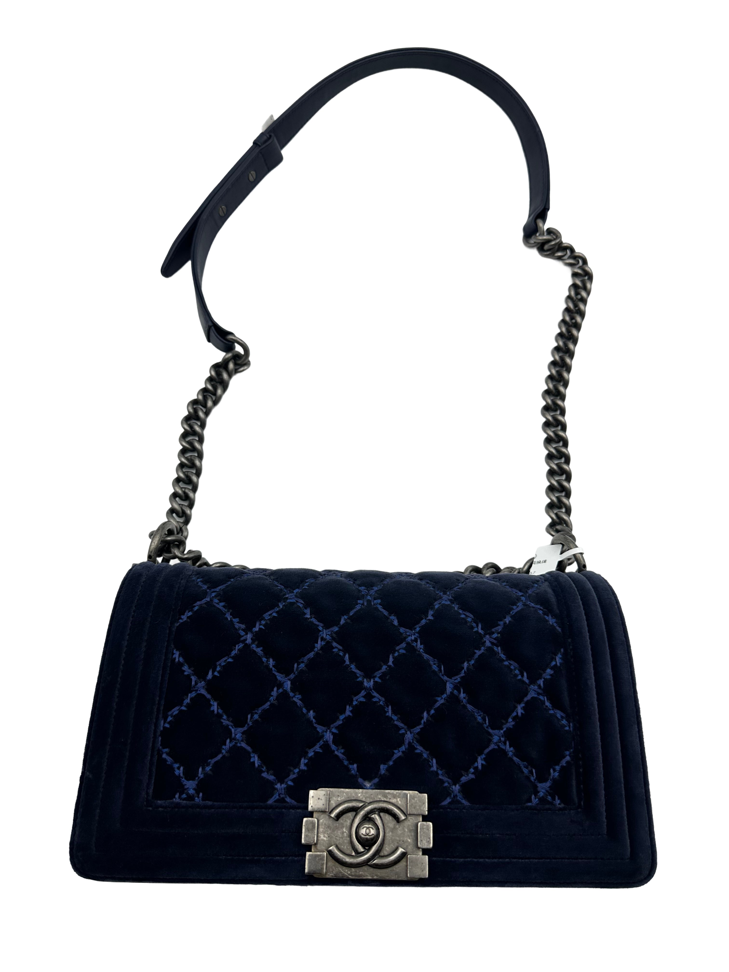 Chanel Stitch Quilted Velvet Medium Flap Boy Blue (19***92) CC593