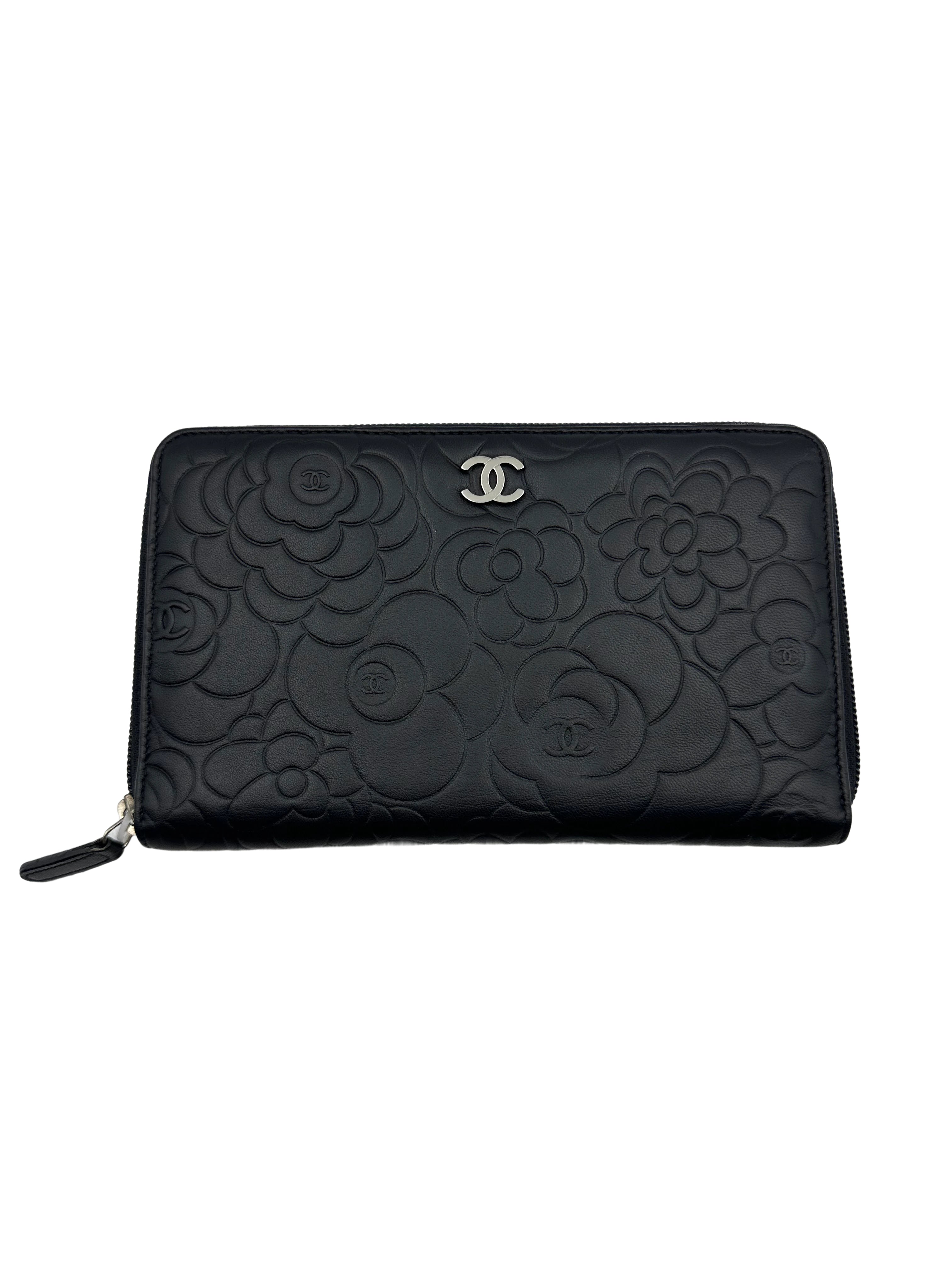 Chanel Camellia Long Zipped Wallet in Black Lambskin with Silver Hardware CC595