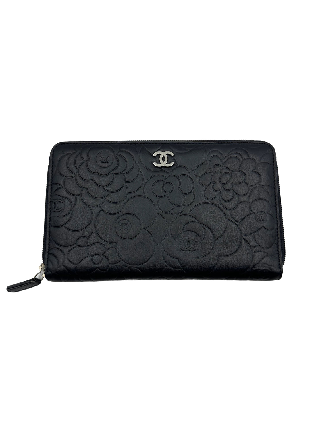 Chanel Camellia Long Zipped Wallet in Black Lambskin with Silver Hardware CC595