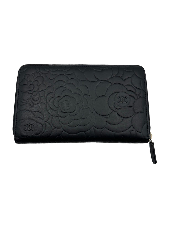 Chanel Camellia Long Zipped Wallet in Black Lambskin with Silver Hardware CC595