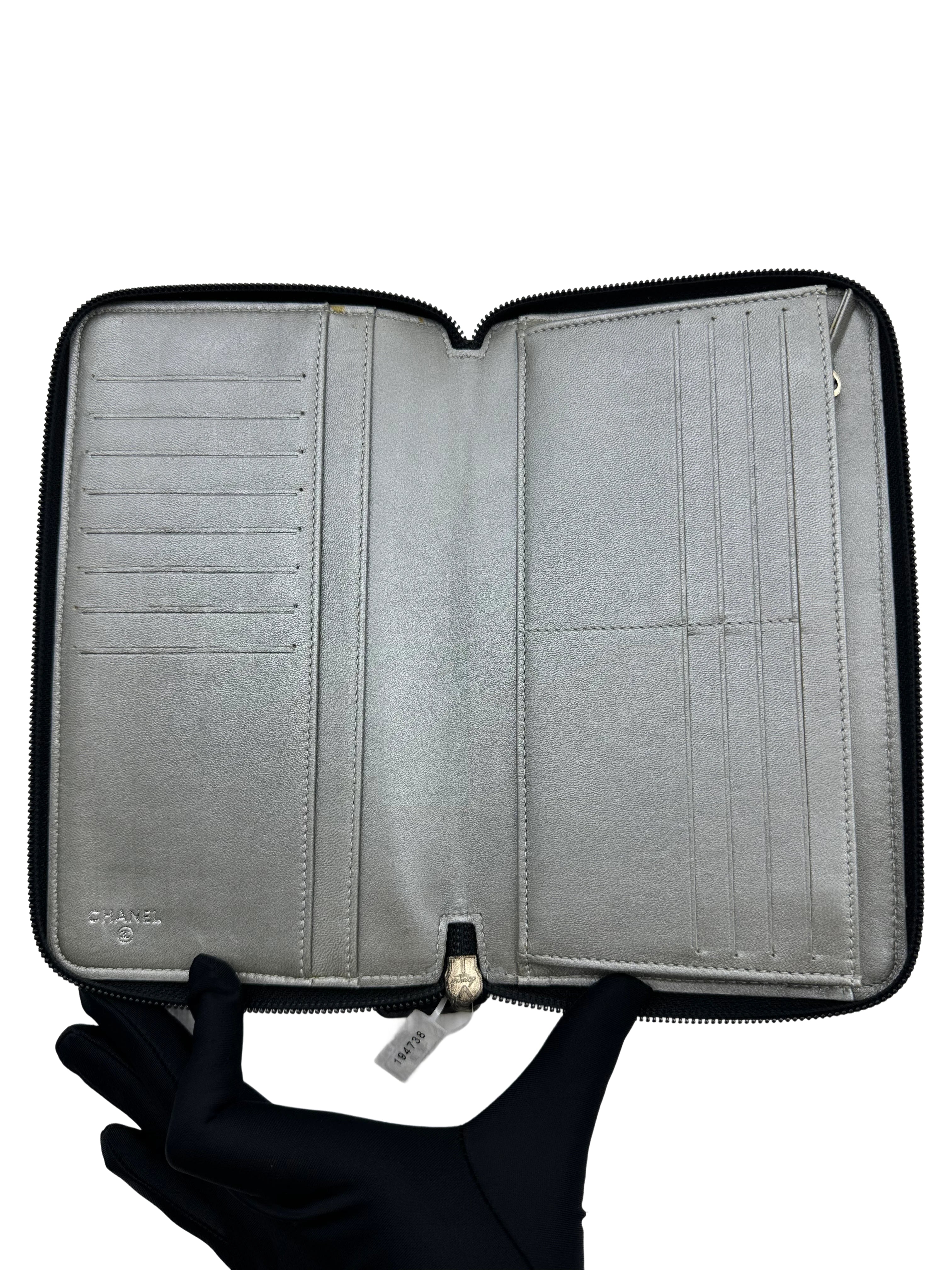 Chanel Camellia Long Zipped Wallet in Black Lambskin with Silver Hardware CC595