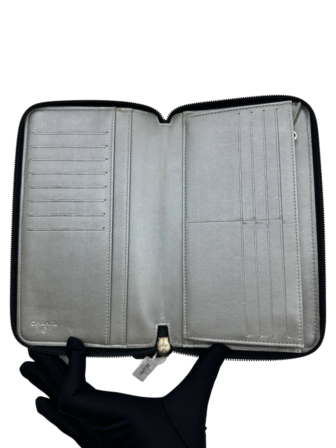 Chanel Camellia Long Zipped Wallet in Black Lambskin with Silver Hardware CC595