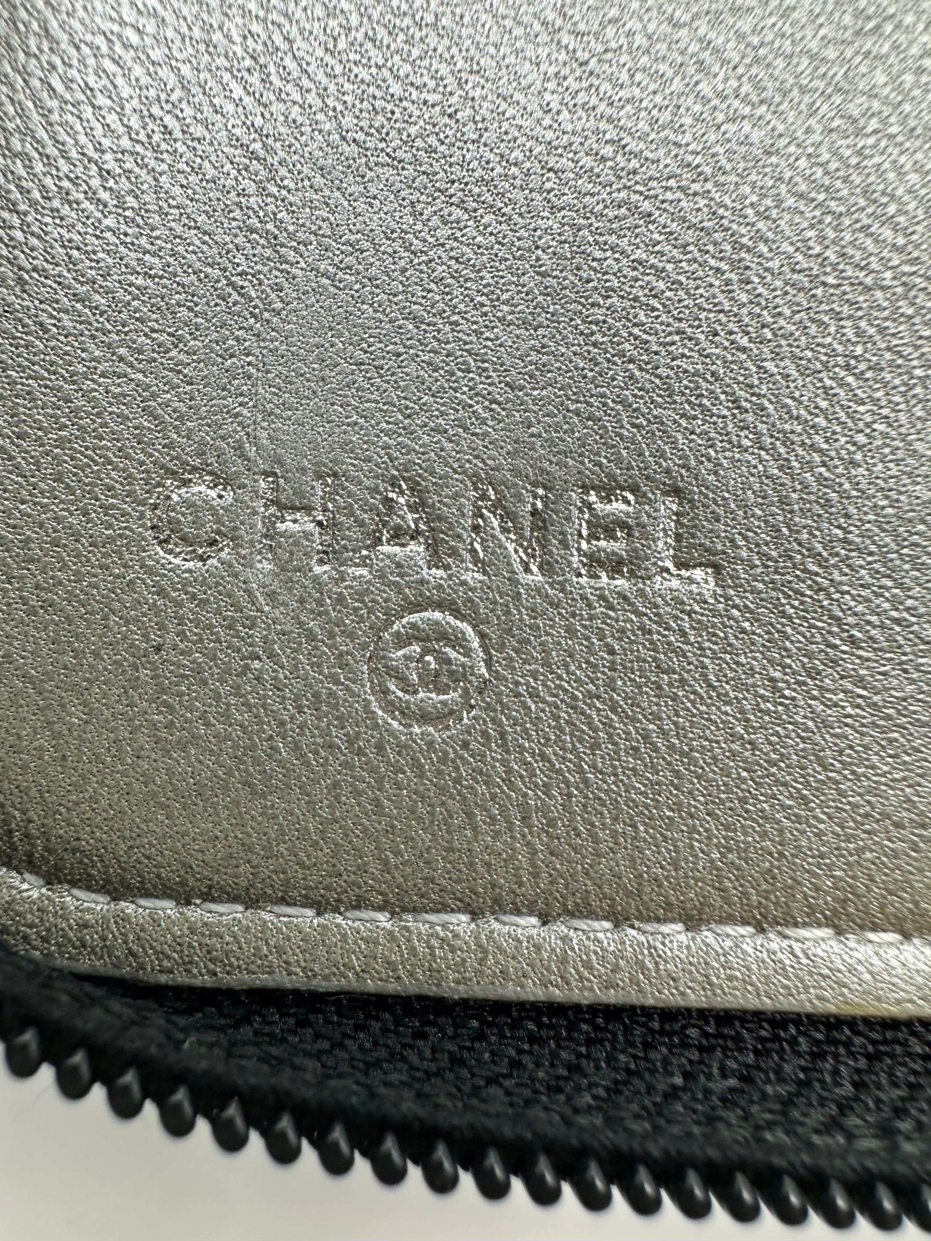 Chanel Camellia Long Zipped Wallet in Black Lambskin with Silver Hardware CC595