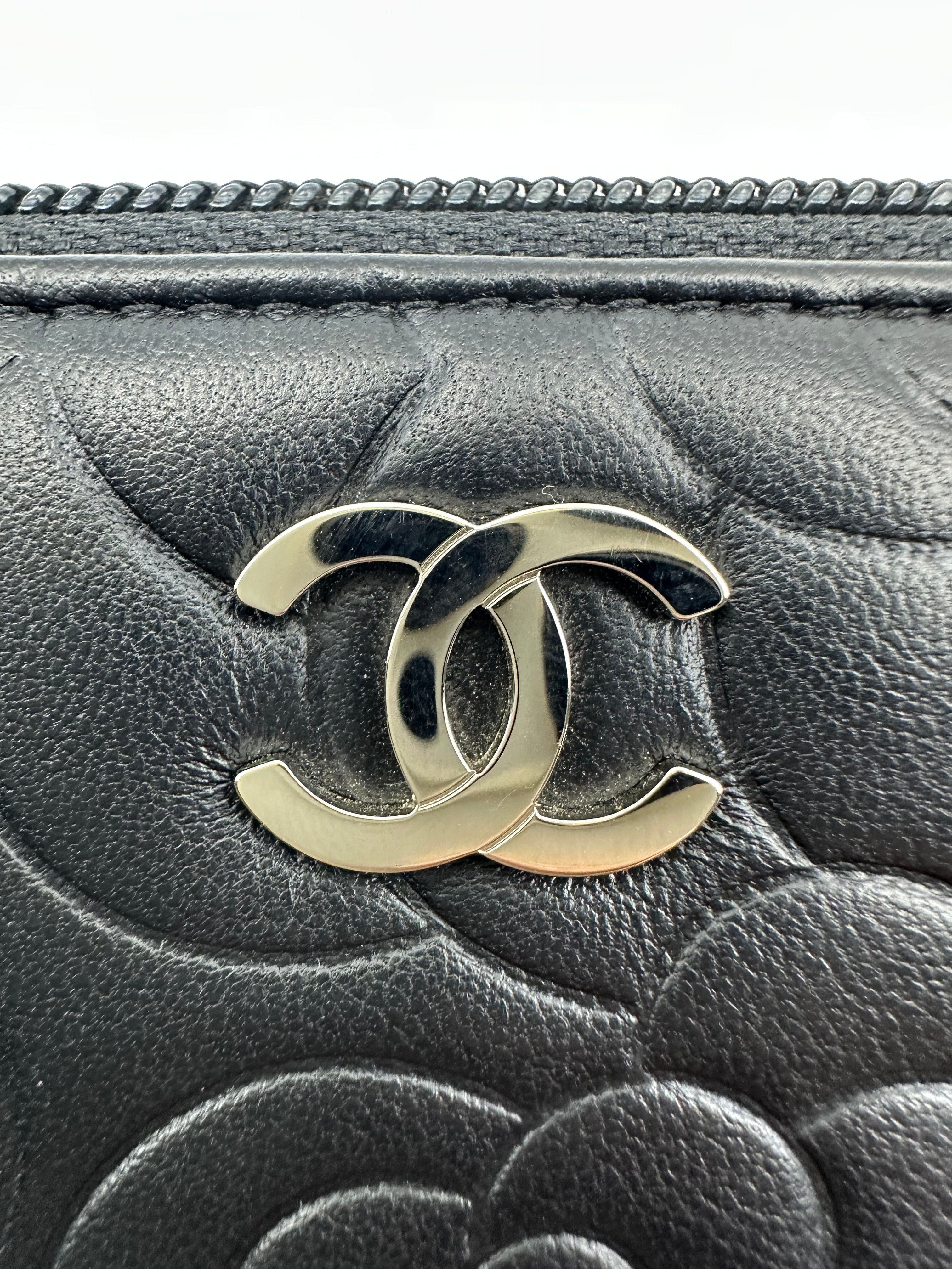 Chanel Camellia Long Zipped Wallet in Black Lambskin with Silver Hardware CC595