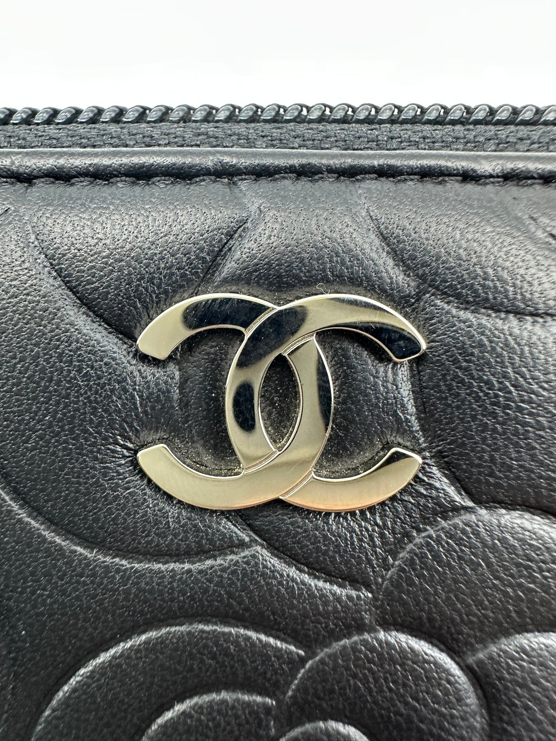 Chanel Camellia Long Zipped Wallet in Black Lambskin with Silver Hardware CC595