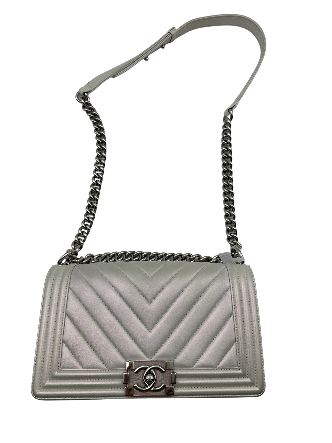 Chanel Chevron Medium Flap Boy Bag Pearl White (25***87) CC590