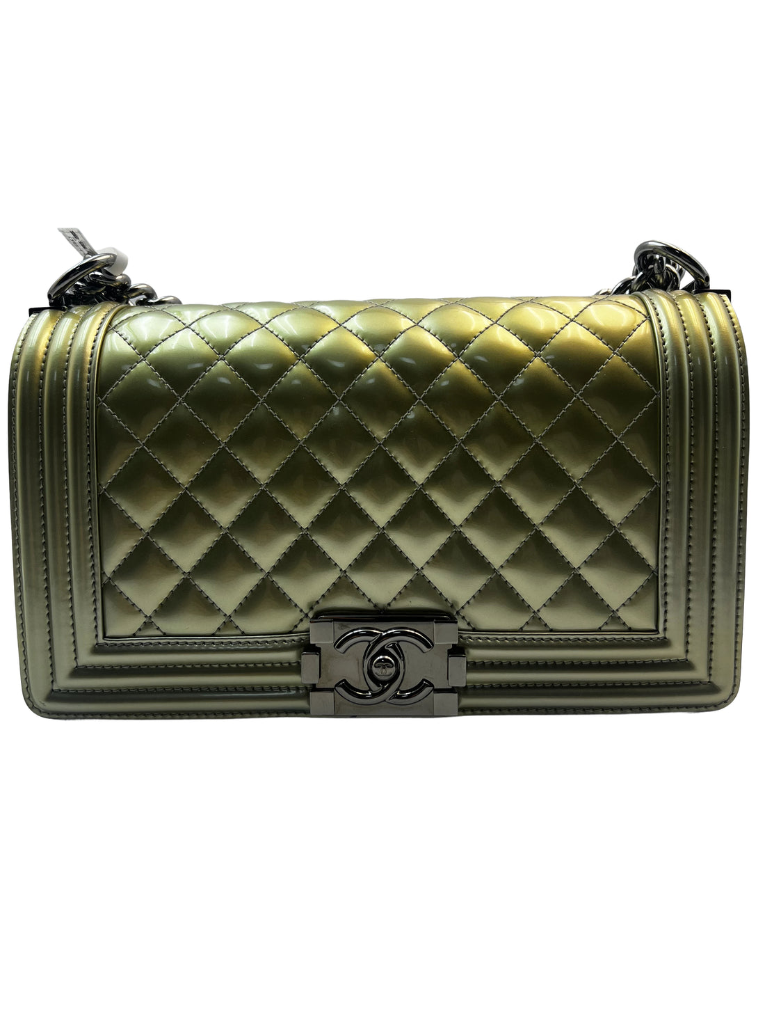 Chanel Quilted Patent Medium Flap Boy Shiny Gold/Silver (19***93)cc653