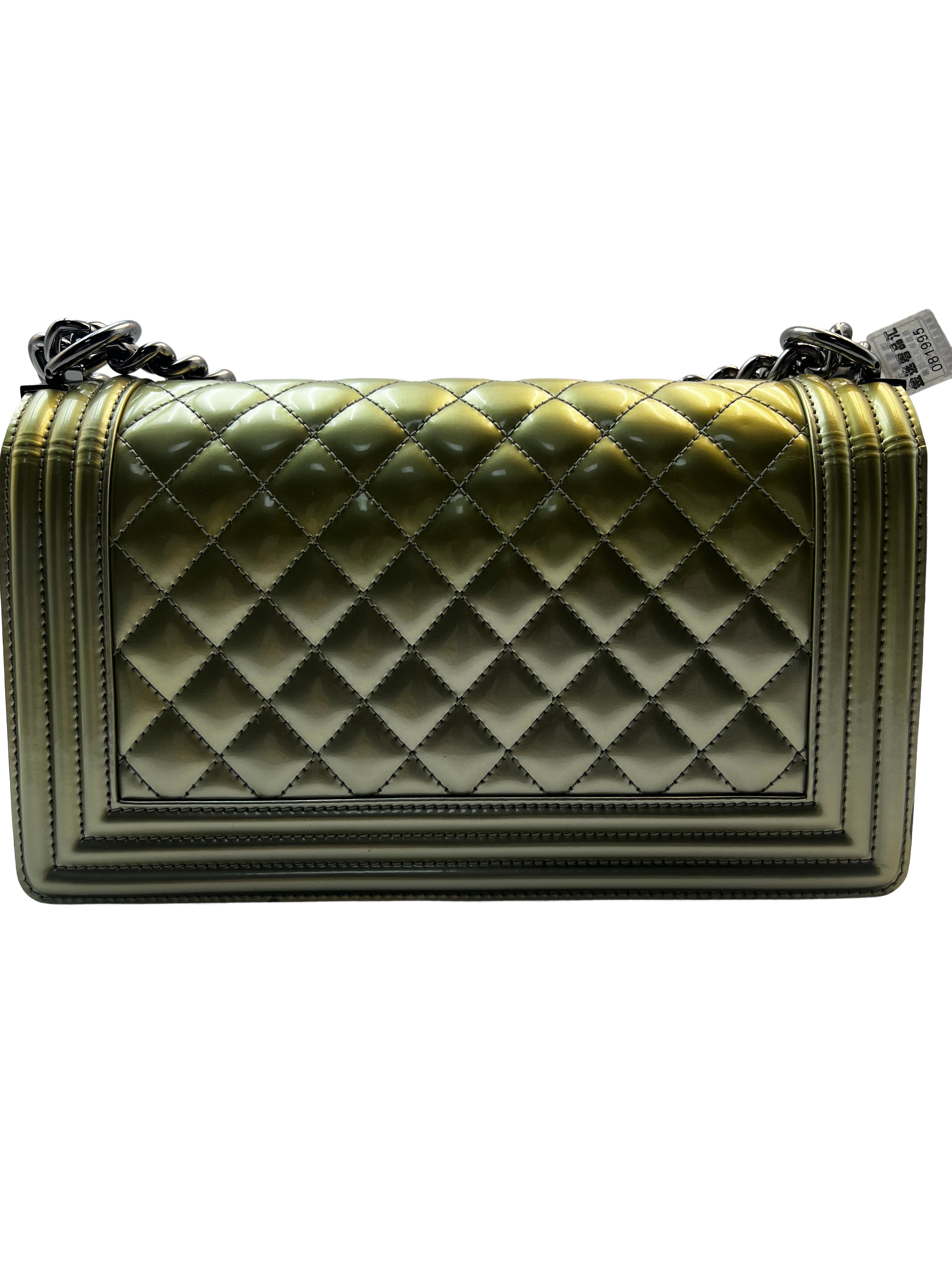 Chanel Quilted Patent Medium Flap Boy Shiny Gold/Silver (19***93)cc653