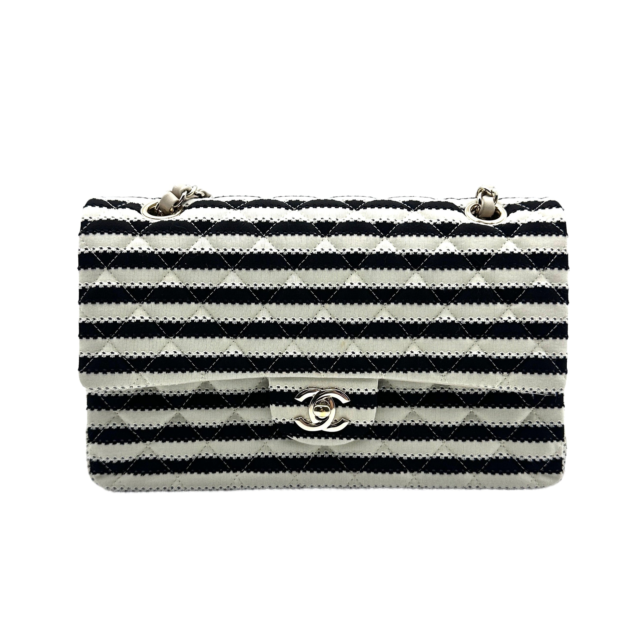 Chanel Classic Double Flap Bag Quilted Striped Canvas Medium CC714
