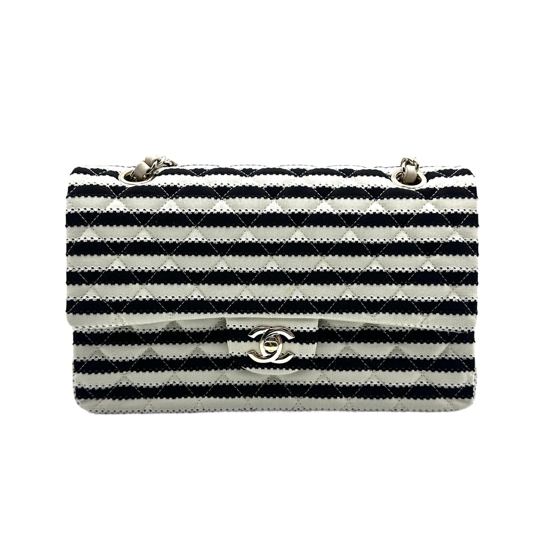 Chanel Classic Double Flap Bag Quilted Striped Canvas Medium CC714