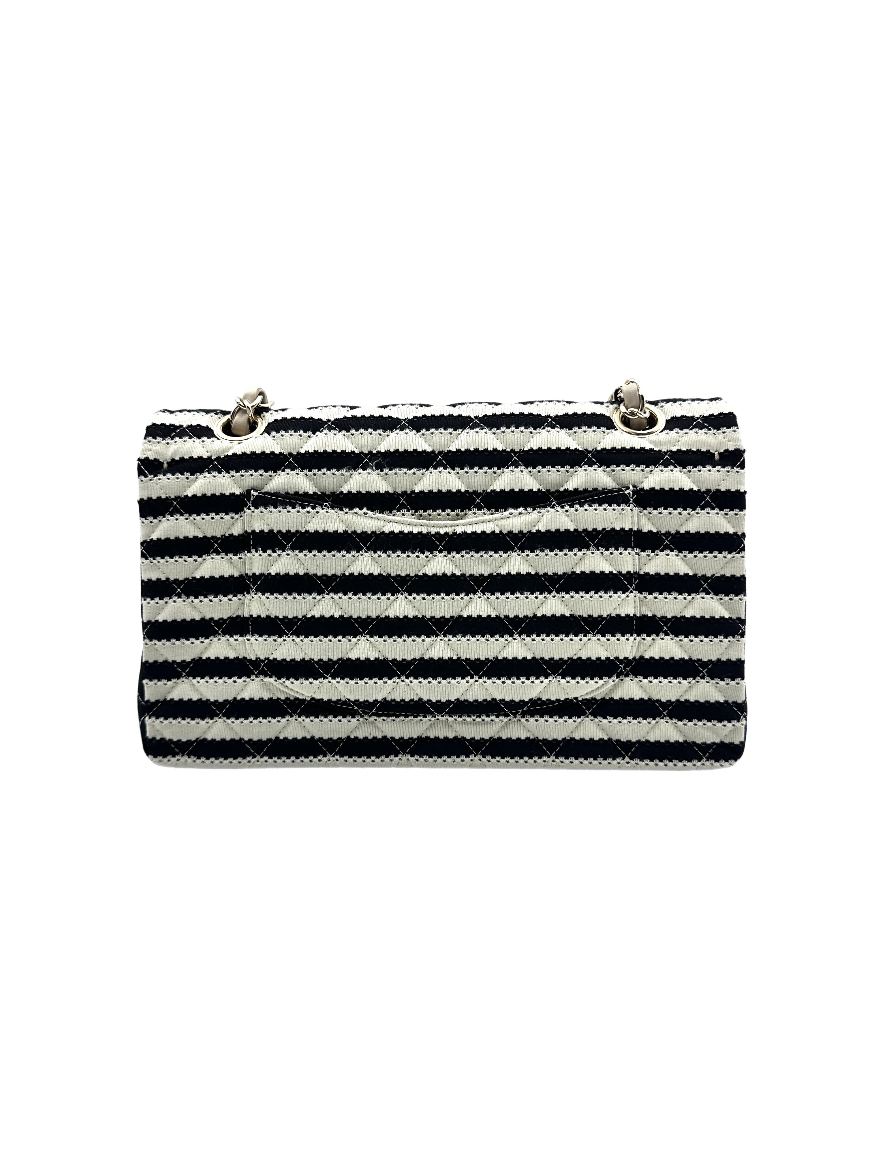 Chanel Classic Double Flap Bag Quilted Striped Canvas Medium CC714