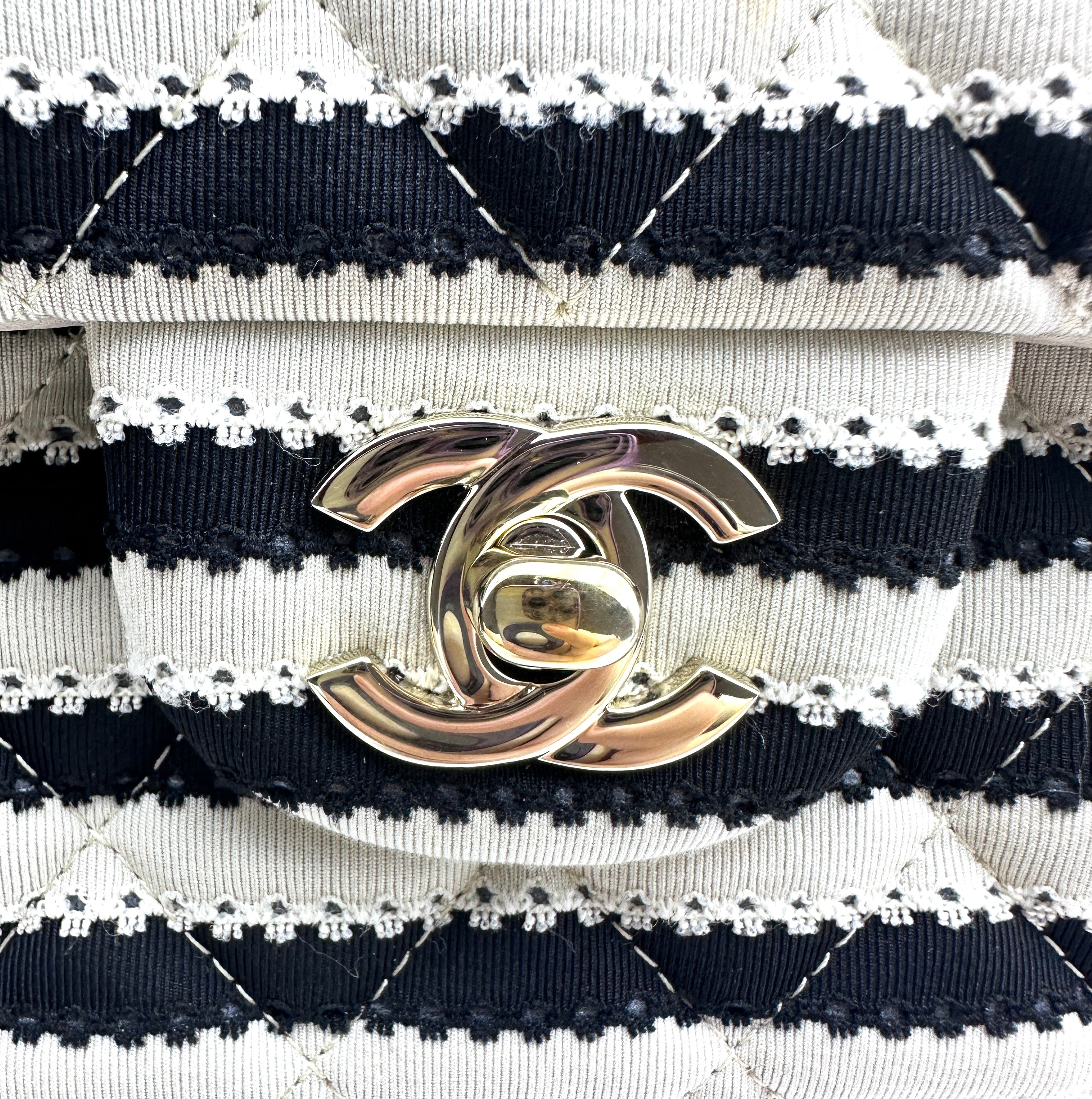 Chanel Classic Double Flap Bag Quilted Striped Canvas Medium CC714