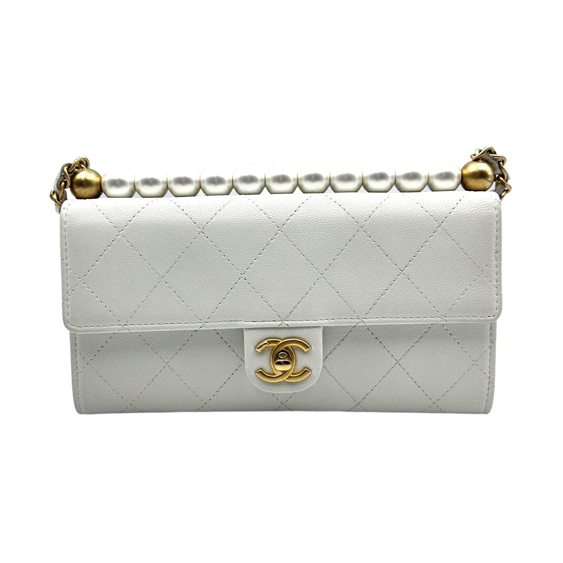 Chanel Quilted Calfskin Pearl Long Woc White cc717