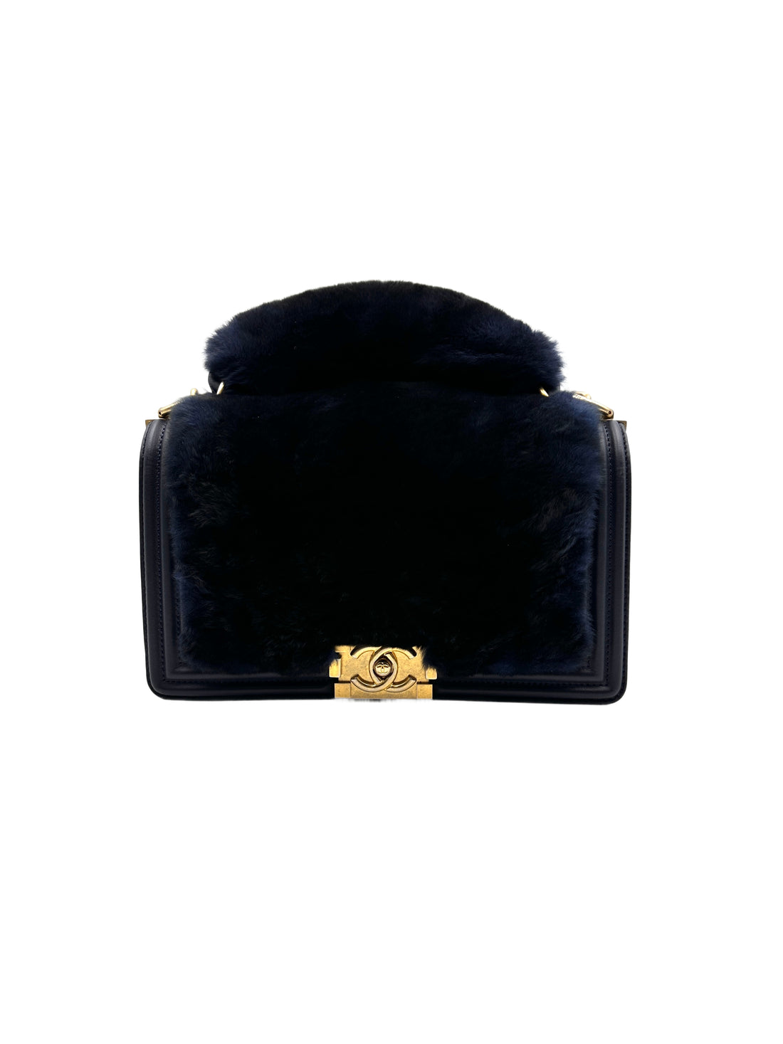 Chanel Rabbit Fur Medium Flap Boy Bag Navy (26***06) CC740
