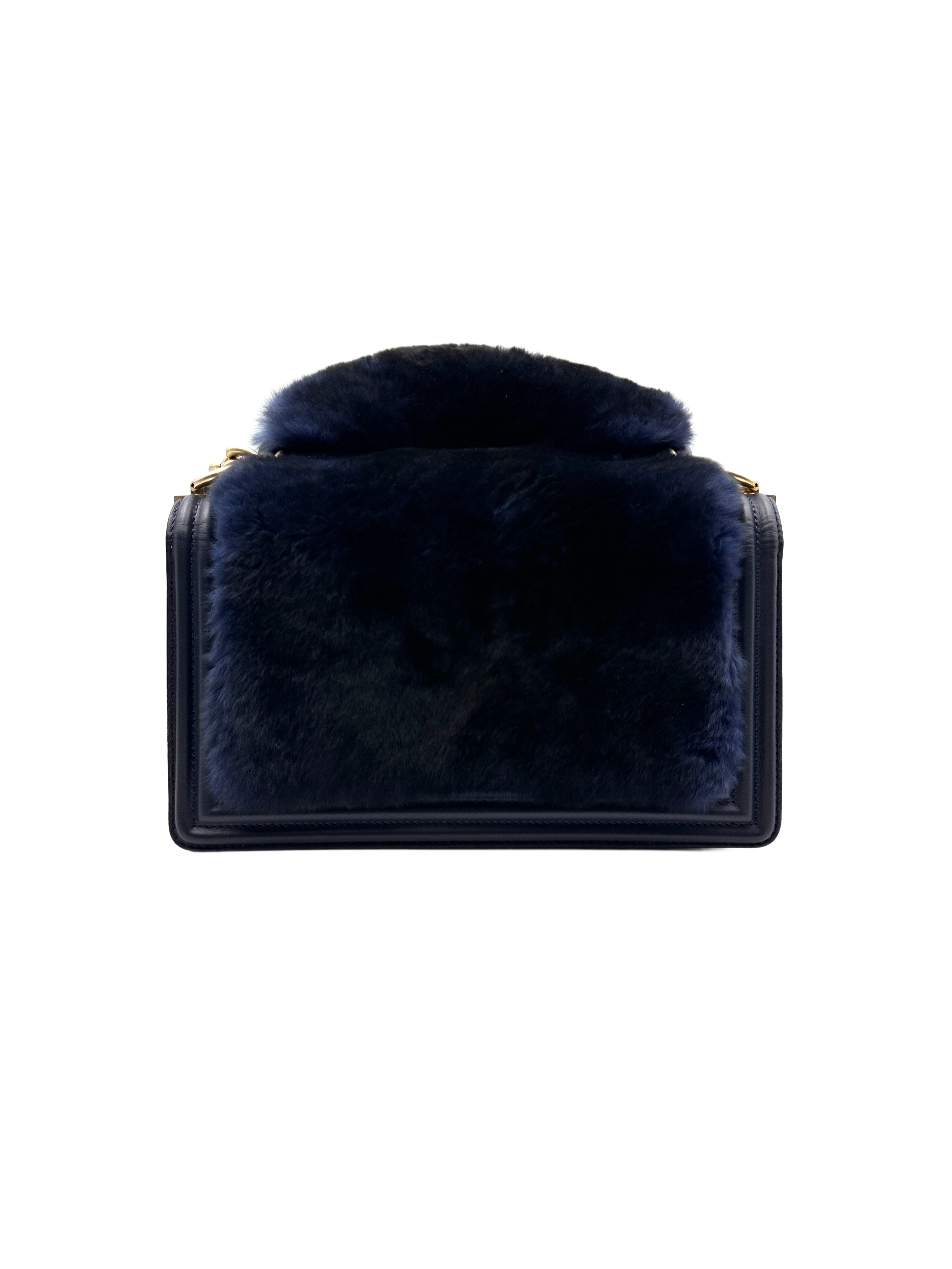 Chanel Rabbit Fur Medium Flap Boy Bag Navy (26***06) CC740